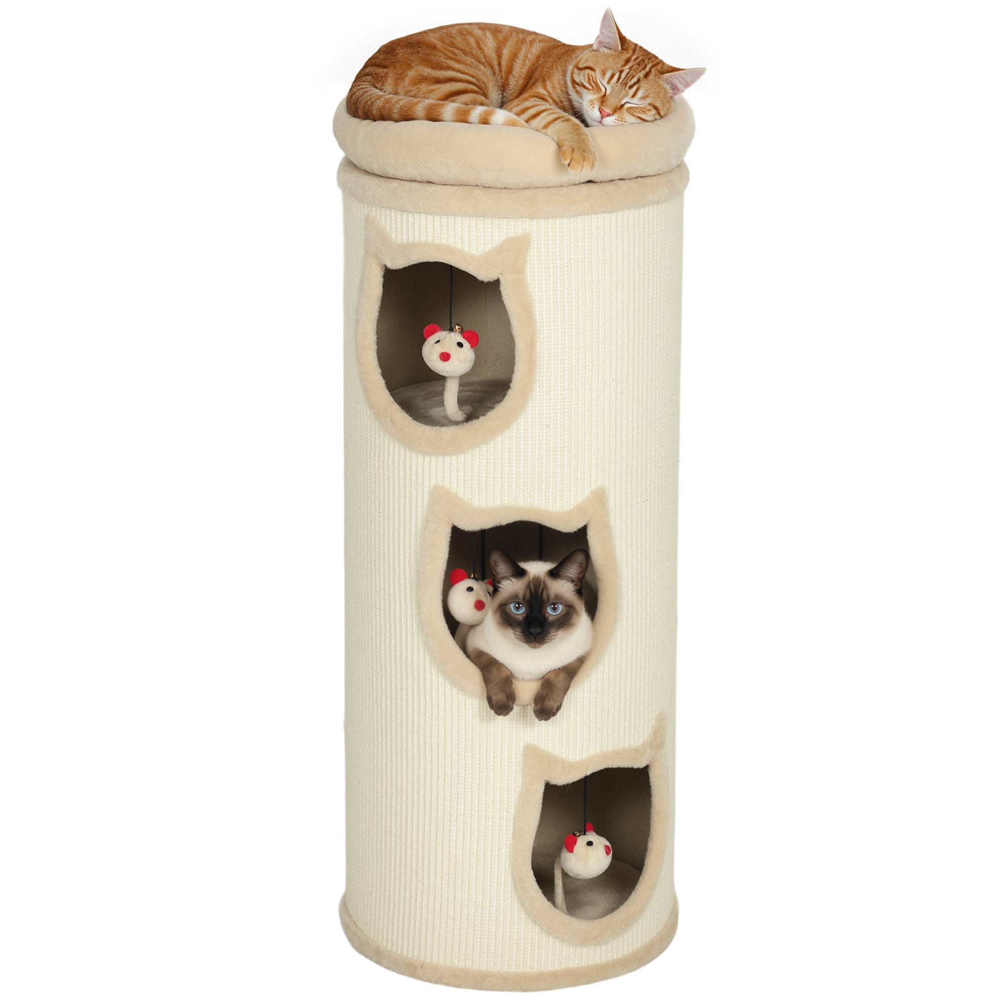 Griffoir pour chat de 96 cm de haut avec 3 niches et un couchage supérieur amovible et lavable, couleur crème.