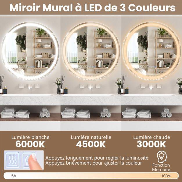 Helloshop26 - Miroir mural led 60 cm miroir rond avec luminosité réglable en continu 3 températures de couleur fonction anti-buée&mémoire miroir argent - Imagen 2