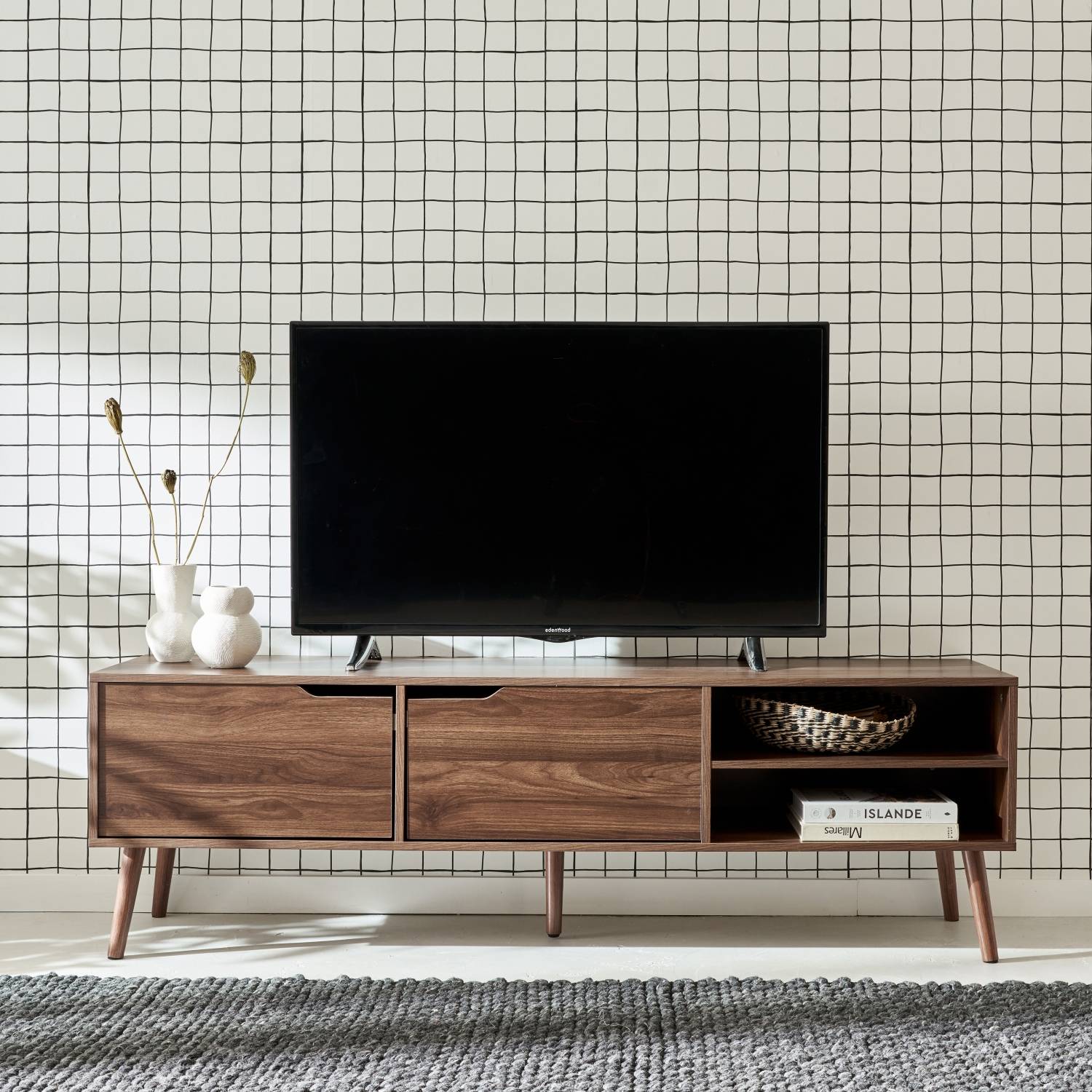 sweeek - Meuble TV décor bois de noyer. 2 portes. 1 étagère. 160cm | sweeek - Image 1