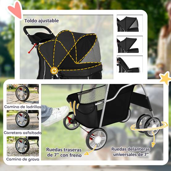 Poussette pour petit chien avec panier de rangement, porte-gobelet, roues et coussin lavable 77 x 44 x 102 cm Noir - Image 8