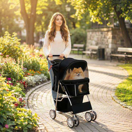 Poussette pour petit chien avec panier de rangement, porte-gobelet, roues et coussin lavable 77 x 44 x 102 cm Noir - Image 4