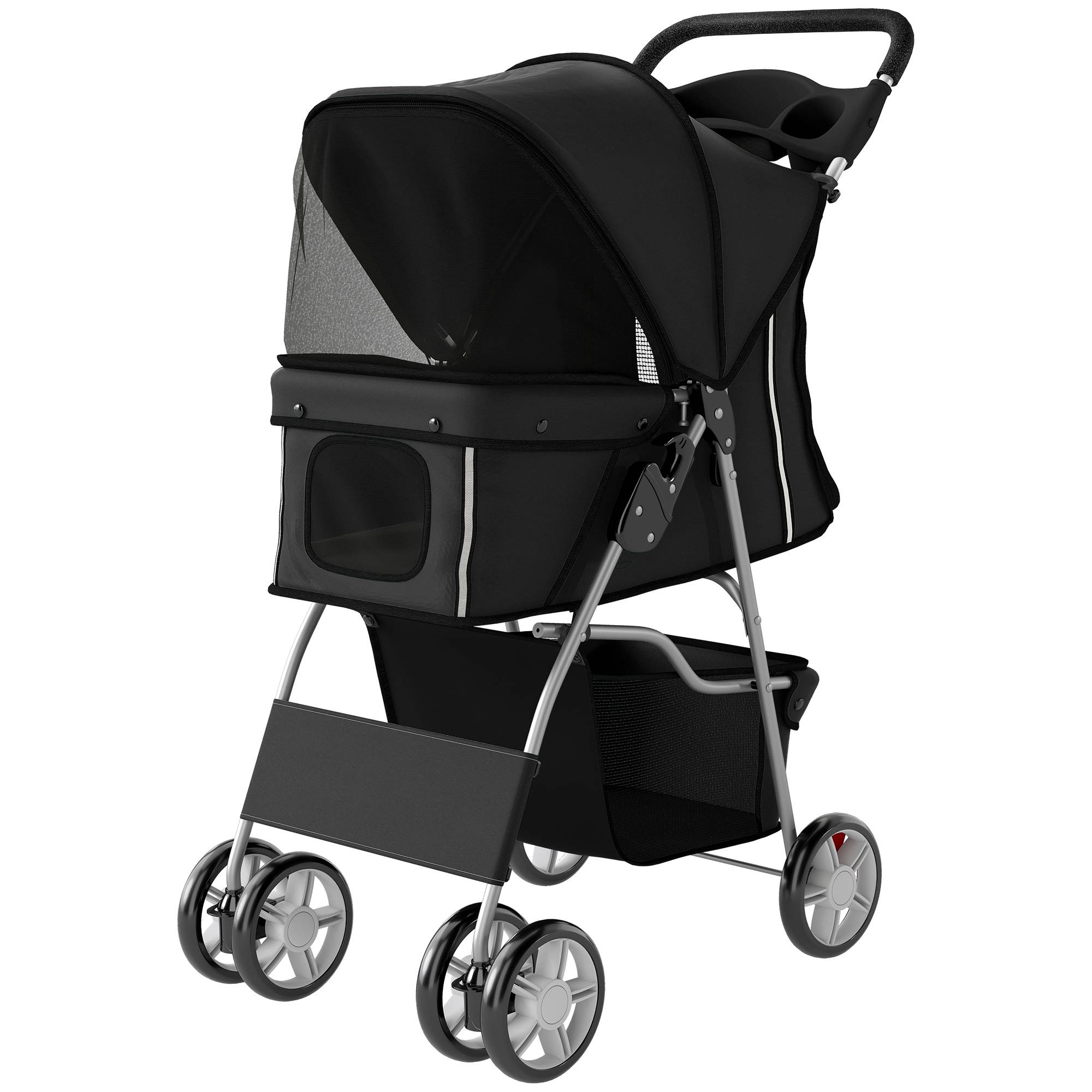 Poussette pour petit chien avec panier de rangement, porte-gobelet, roues et coussin lavable 77 x 44 x 102 cm Noir - Image 2