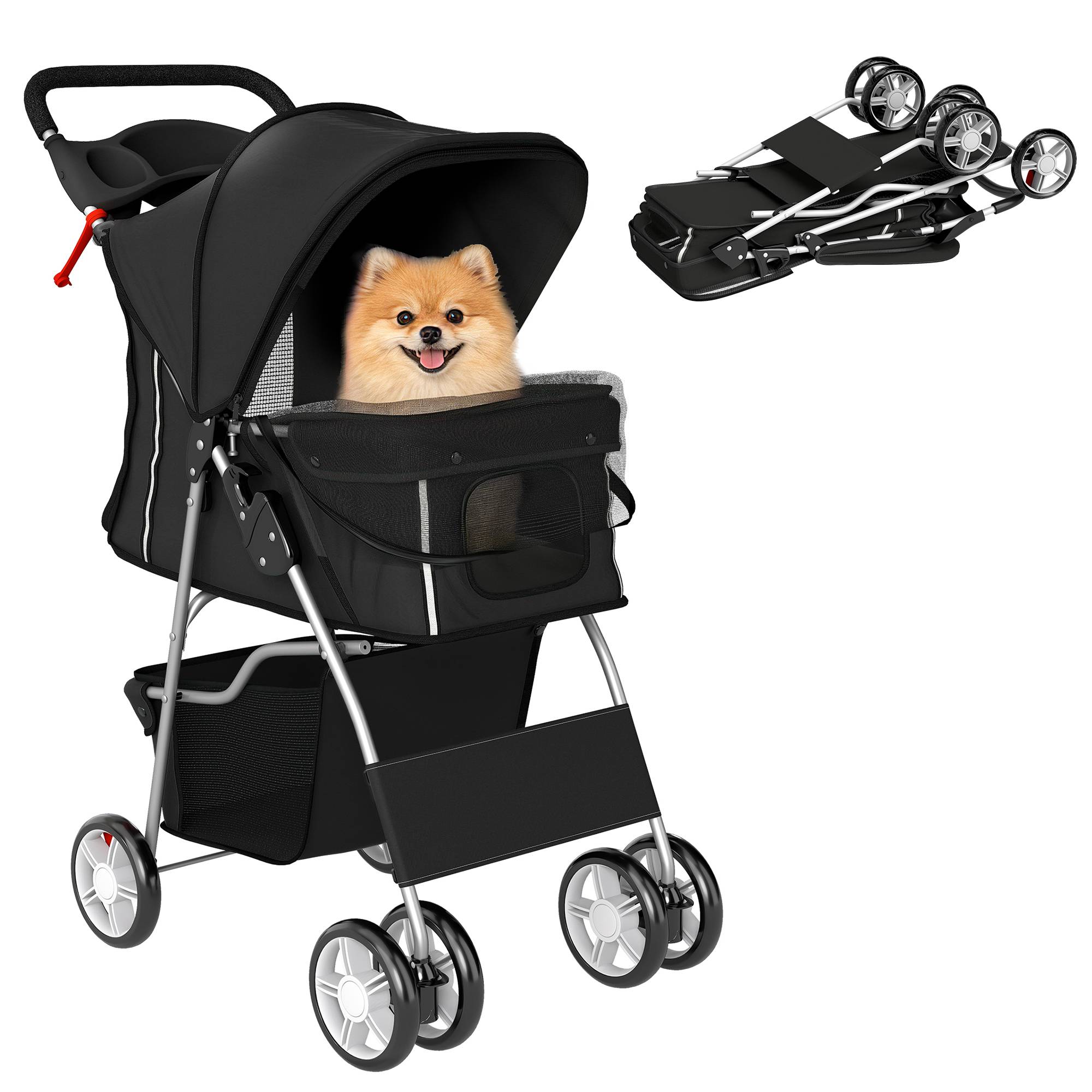 Poussette pour petit chien avec panier de rangement, porte-gobelet, roues et coussin lavable 77 x 44 x 102 cm Noir - Image 1