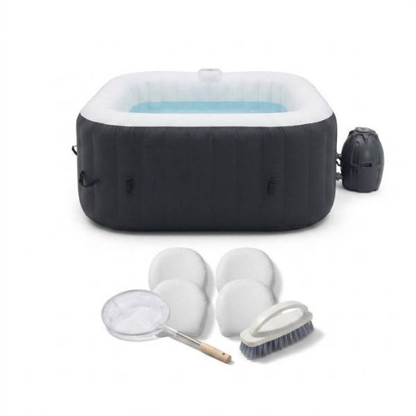 SUNSPA - KIT TOUT INCLUS SUNSPA: spa gonflable carré 6 places et accessoires : 4 appuis tetes, filtre, épuisette, brosse, tapis, couver