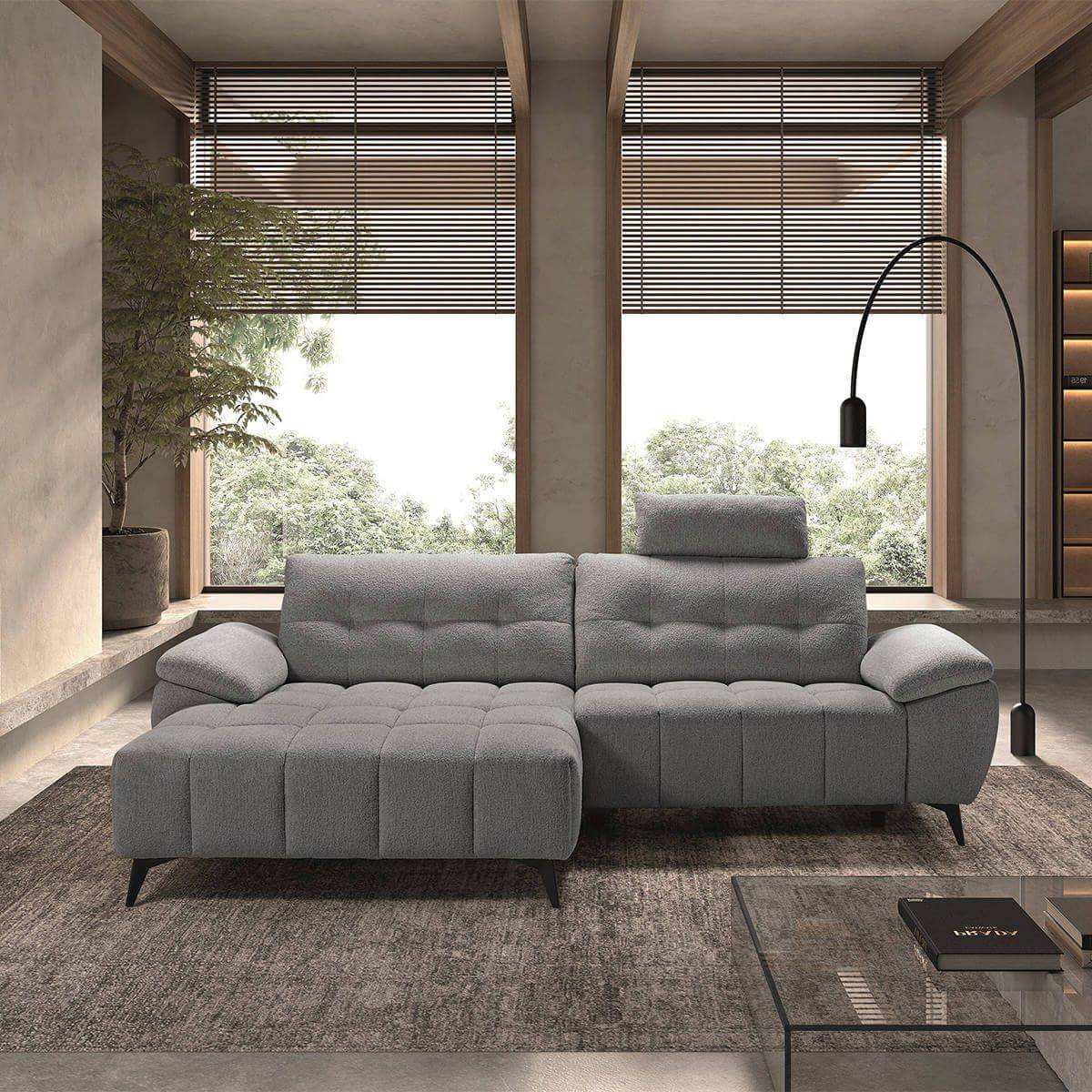 Canapé Relax Méridienne gauche Têtières Réglables Tissu Bubble Gris foncé - VILLALBA - Image 3