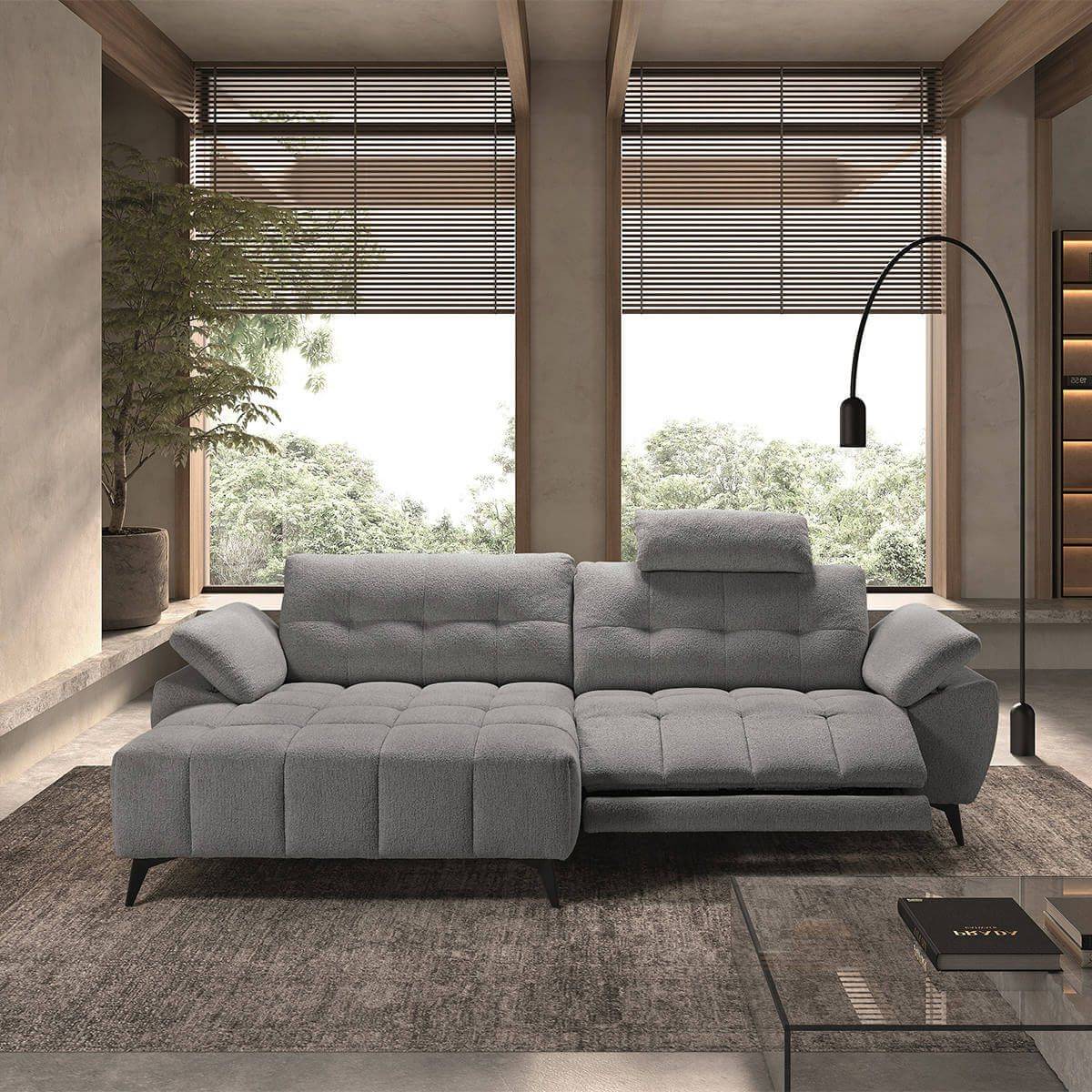 Canapé Relax Méridienne gauche Têtières Réglables Tissu Bubble Gris foncé - VILLALBA - Image 2
