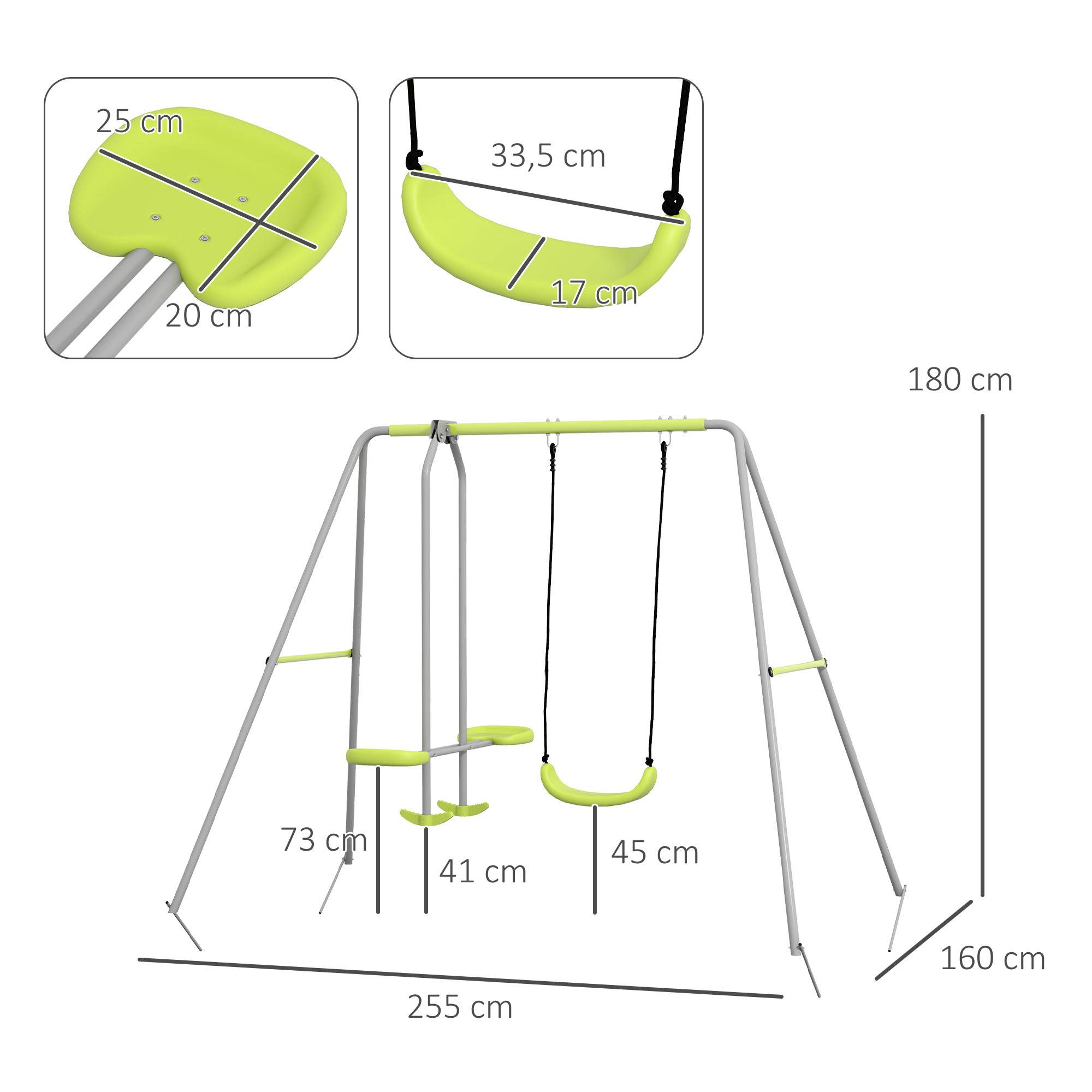 Outsunny - Balançoire 2 agrès portique avec balançoire et face à face dim. 2,55L x 1,6l x 1,8H m métal époxy PE gris vert - Outsunny - Image 3