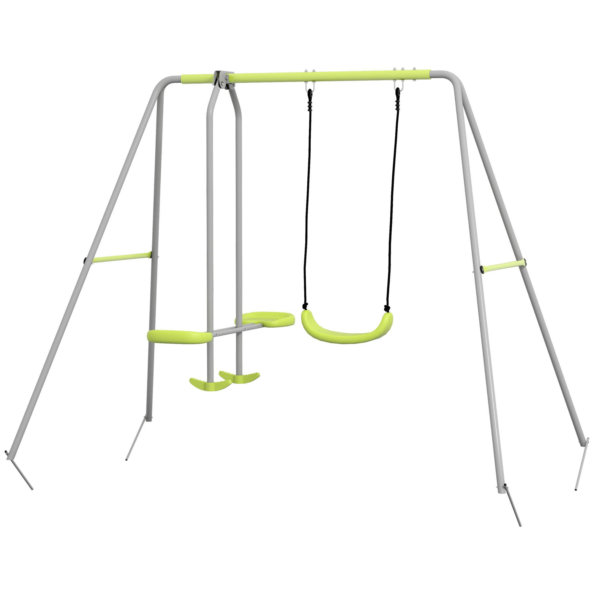 Outsunny - Balançoire 2 agrès portique avec balançoire et face à face dim. 2,55L x 1,6l x 1,8H m métal époxy PE gris vert - Outsunny - Image 1