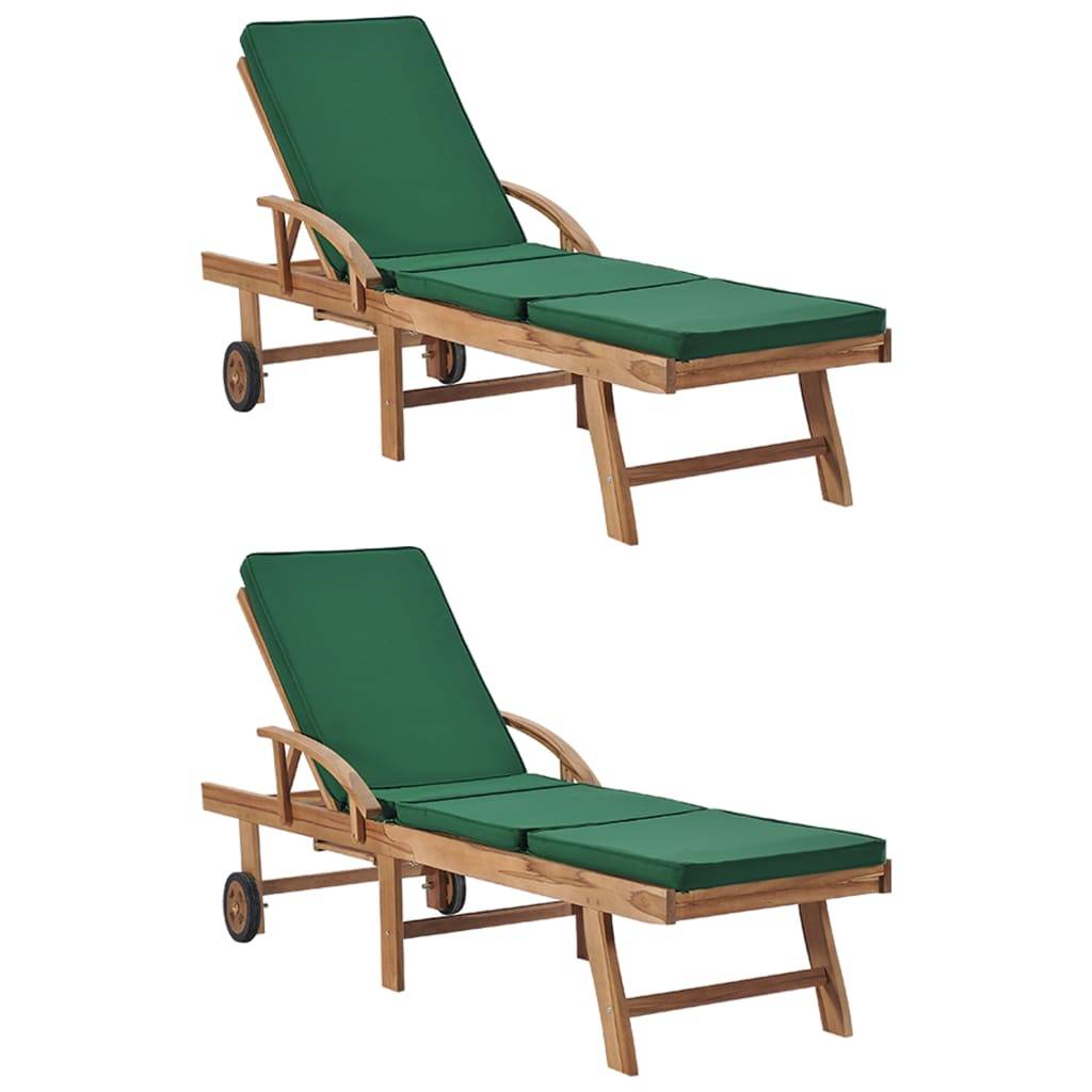 Helloshop26 - Lot de 2 transats chaise longue bain de soleil lit de jardin terrasse meuble d'extérieur avec coussins bois de teck solide vert - Imagen 1