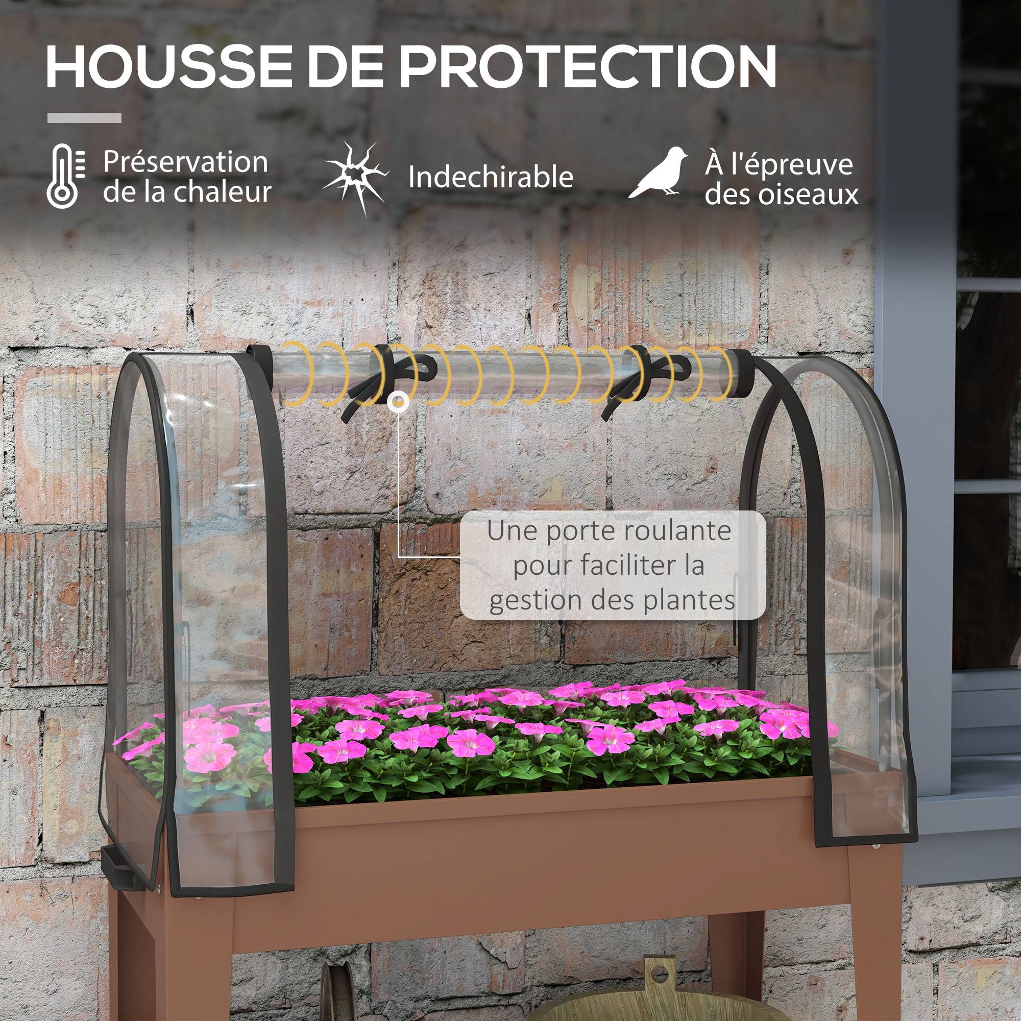 Jardinière surélevée avec bâche transparente, 2 roulettes et 1 étagère inférieure, dim. 80L x 40l x 120H cm - Image 6