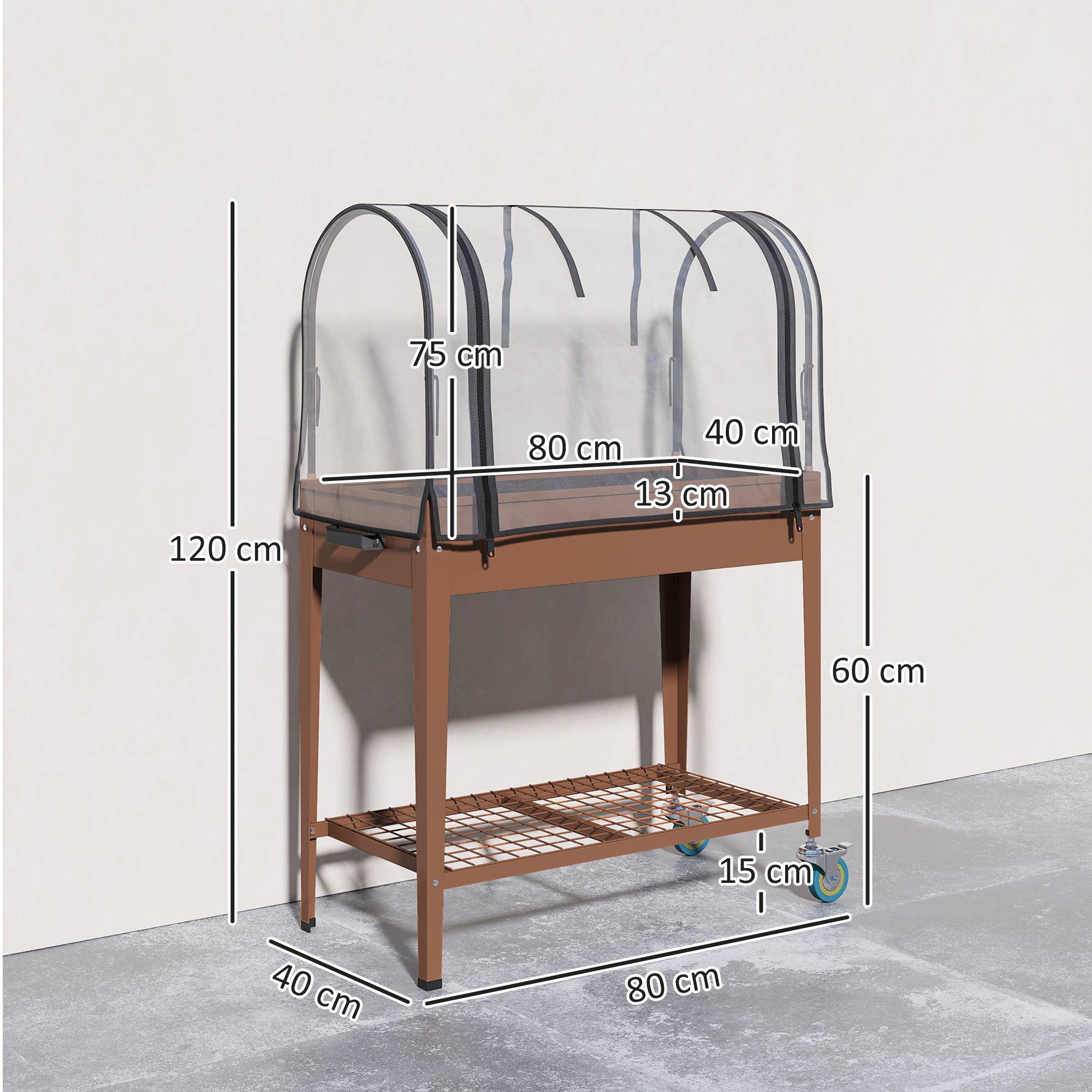Jardinière surélevée avec bâche transparente, 2 roulettes et 1 étagère inférieure, dim. 80L x 40l x 120H cm - Image 5