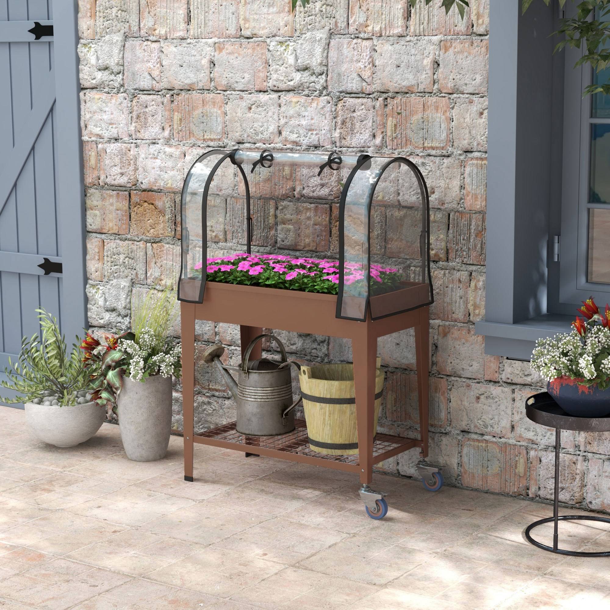 Jardinière surélevée avec bâche transparente, 2 roulettes et 1 étagère inférieure, dim. 80L x 40l x 120H cm - Image 4
