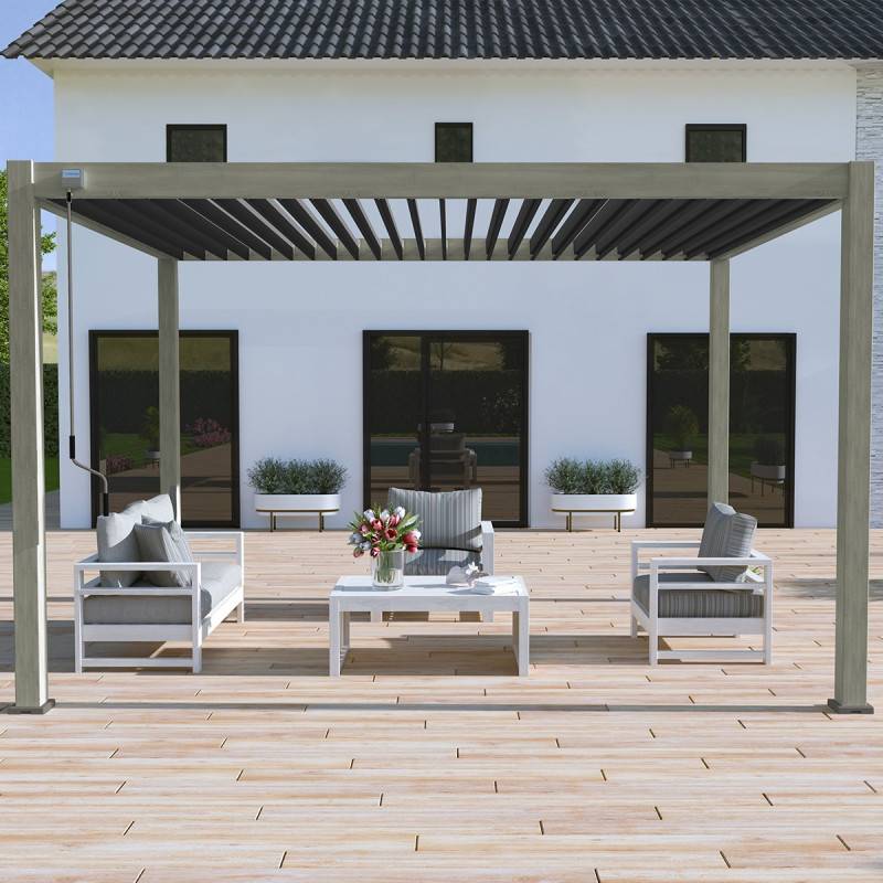 Ombrea - Pergola bioclimatique Ombréa autoportée - 3x4m - Woodlook et lames anthracite - Image 1