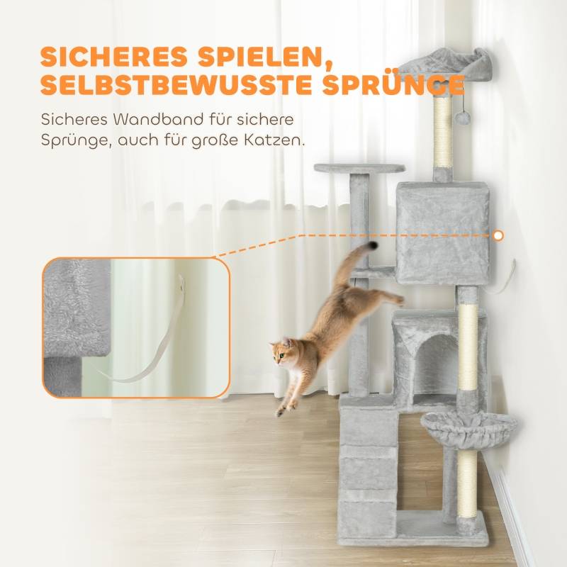 Arbre à chat de 160 cm, plusieurs niveaux, griffoirs en sisal, grottes, plateformes moelleuses, hamac, échelle, balles de jeu - Image 5