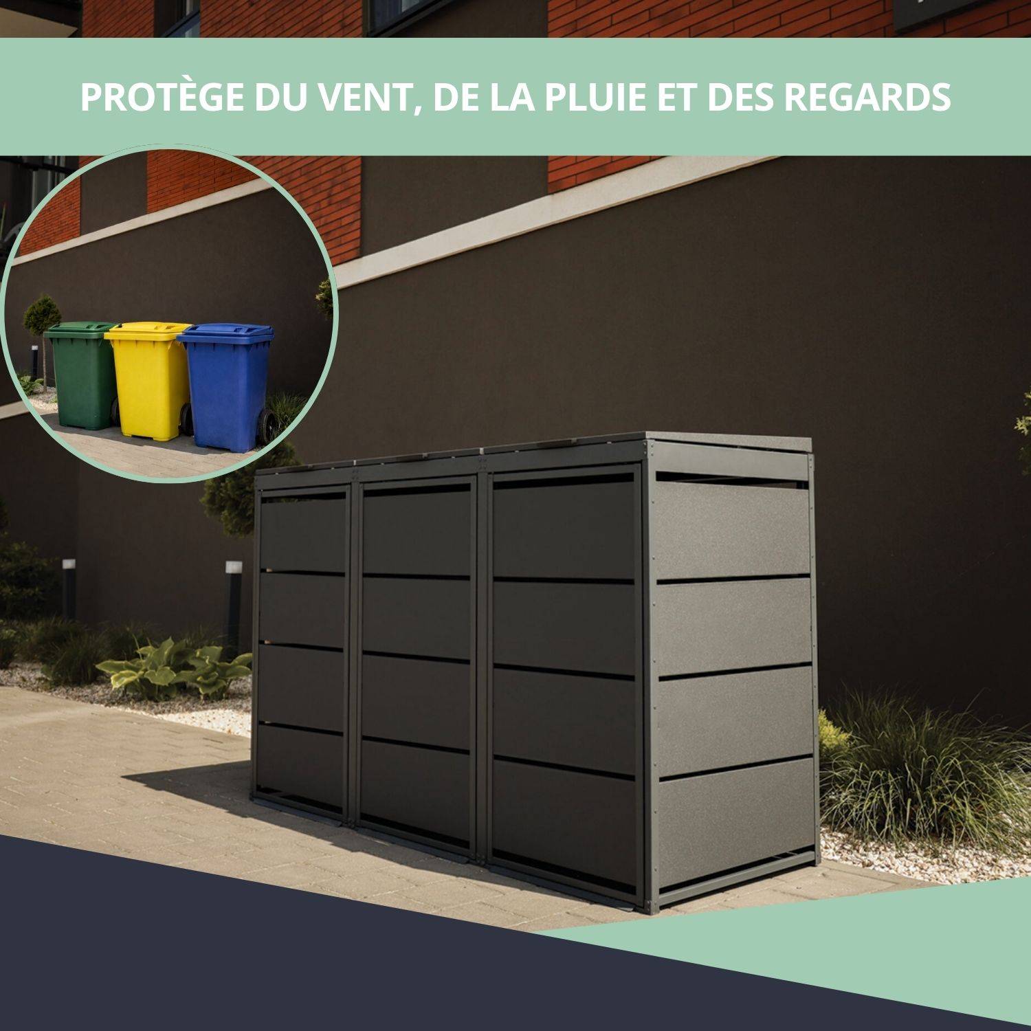 Cache poubelle extérieur triple en acier galvanisé - Abri poubelle pour 3 conteneurs 240 Litres - Anthracite RAL7016 - Image 4