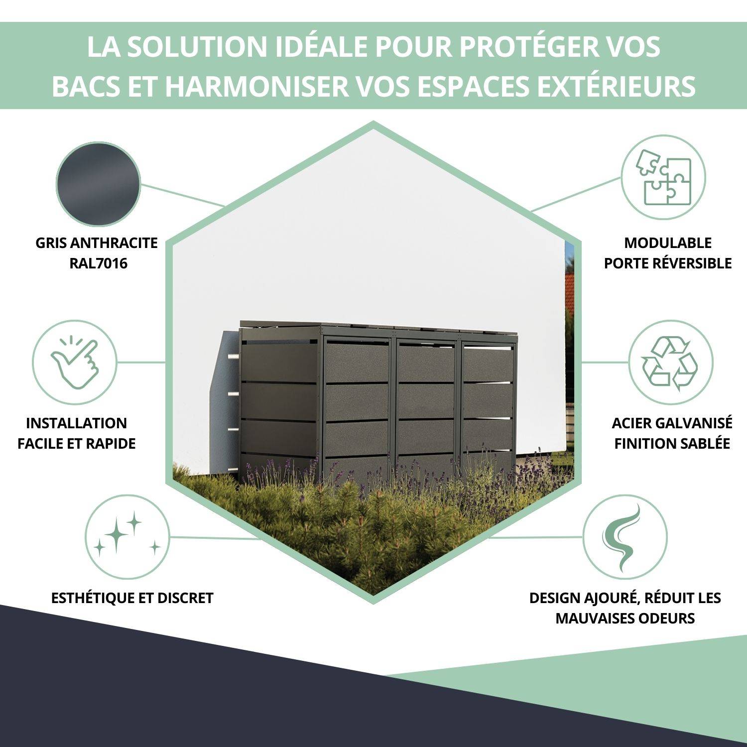 Cache poubelle extérieur triple en acier galvanisé - Abri poubelle pour 3 conteneurs 240 Litres - Anthracite RAL7016 - Image 2