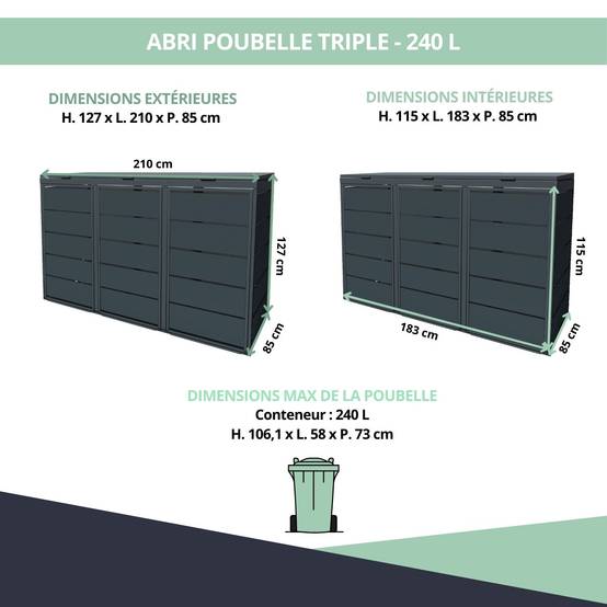 Cache poubelle extérieur triple en acier galvanisé - Abri poubelle pour 3 conteneurs 240 Litres - Anthracite RAL7016 - Image 3