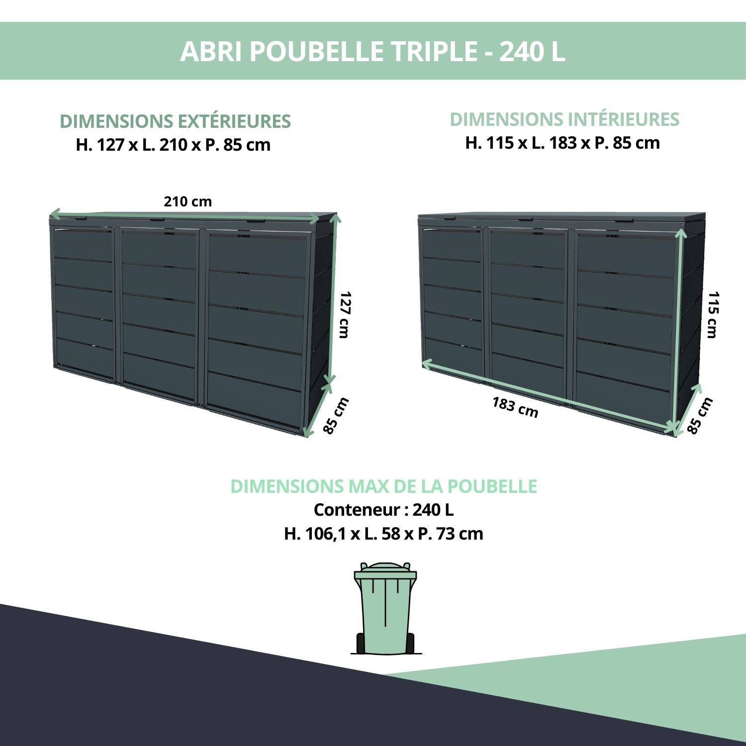 Cache poubelle extérieur triple en acier galvanisé - Abri poubelle pour 3 conteneurs 240 Litres - Anthracite RAL7016 - Image 3