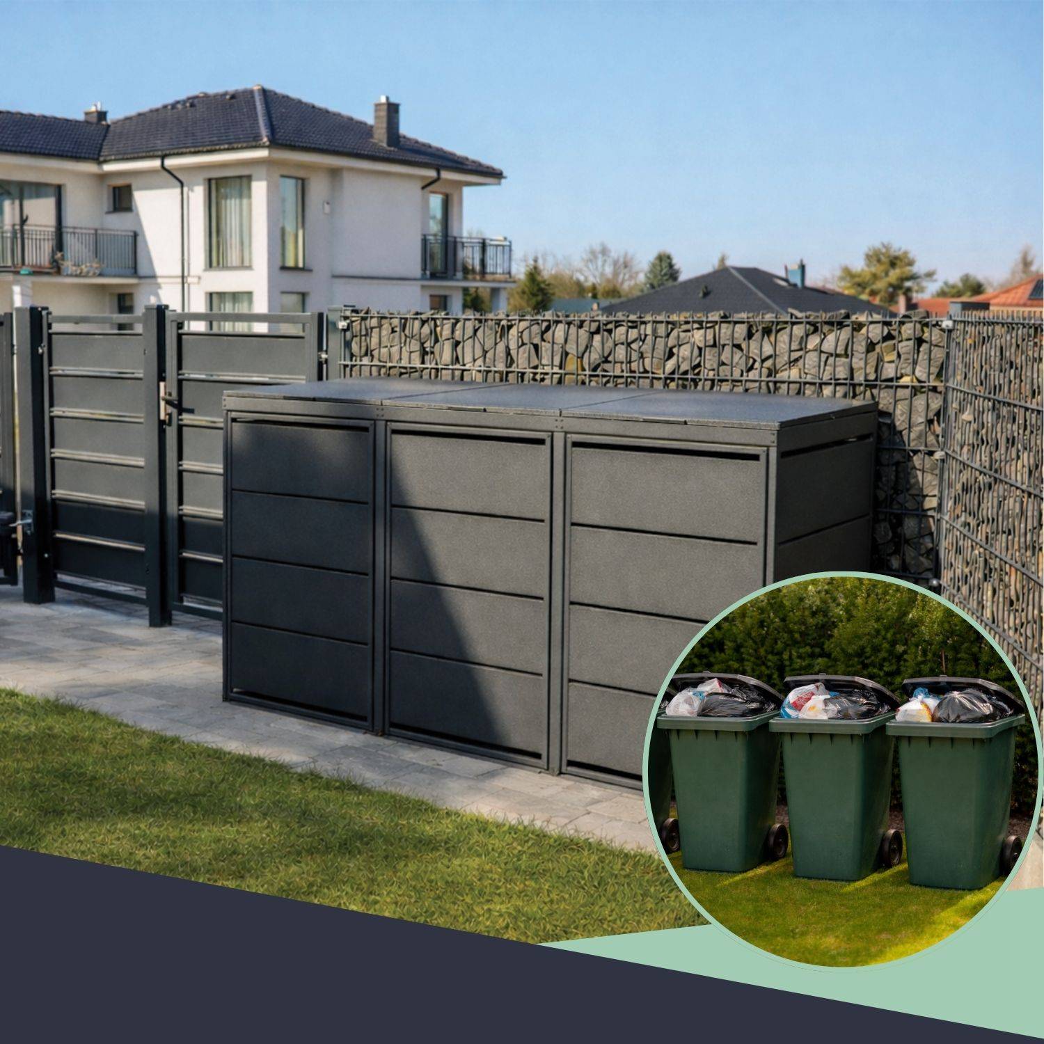 Cache poubelle extérieur triple en acier galvanisé - Abri poubelle pour 3 conteneurs 240 Litres - Anthracite RAL7016 - Image 6