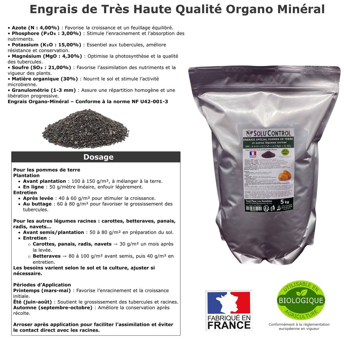 Tout pour les nuisibles - SOLU’CONTROL - 5 kg d'engrais spécial pommes de terre et légumes racines 4-3-15 - enrichi en potasse - croissance, grossissement - UAB - Image 3