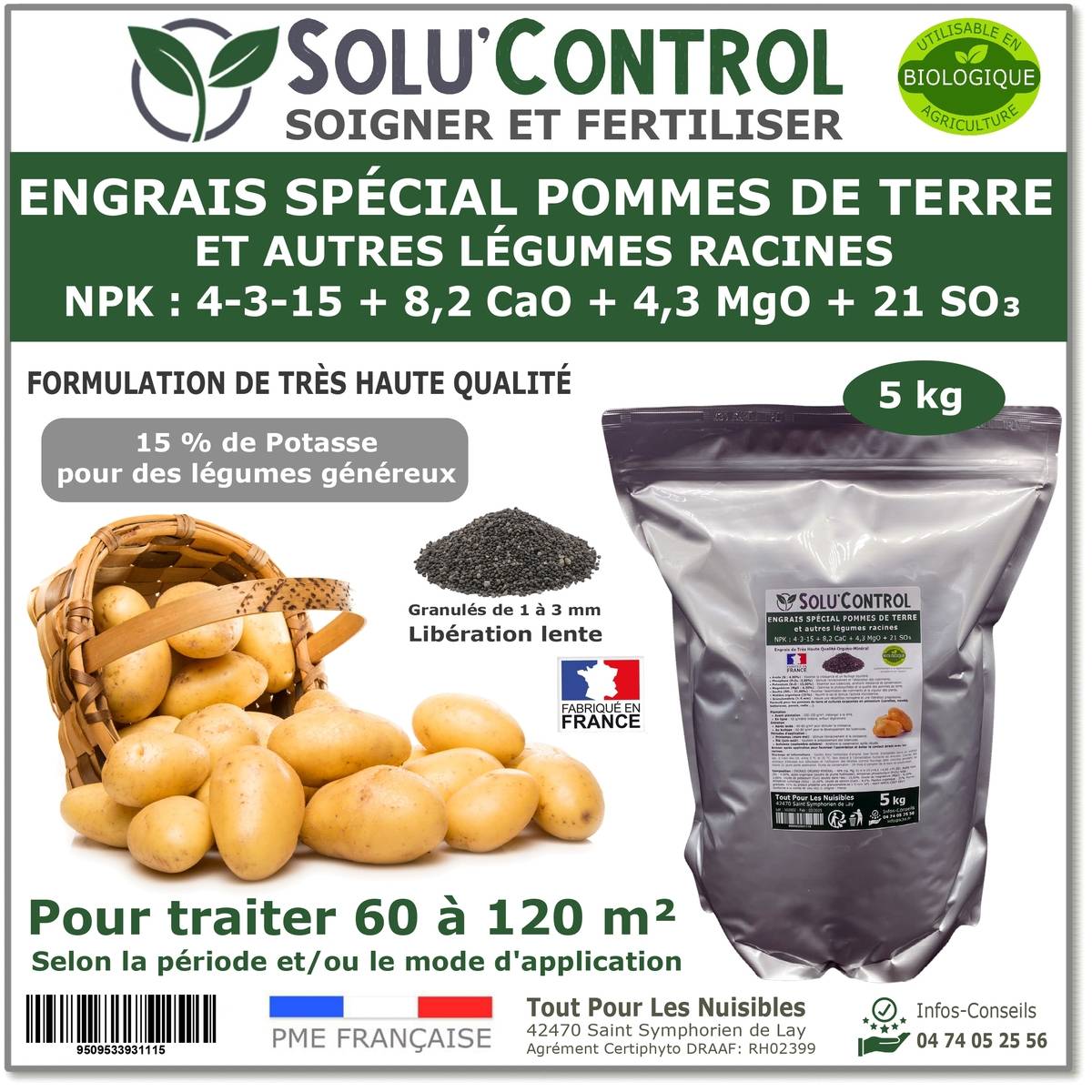Tout pour les nuisibles - SOLU’CONTROL - 5 kg d'engrais spécial pommes de terre et légumes racines 4-3-15 - enrichi en potasse - croissance, grossissement - UAB - Image 1