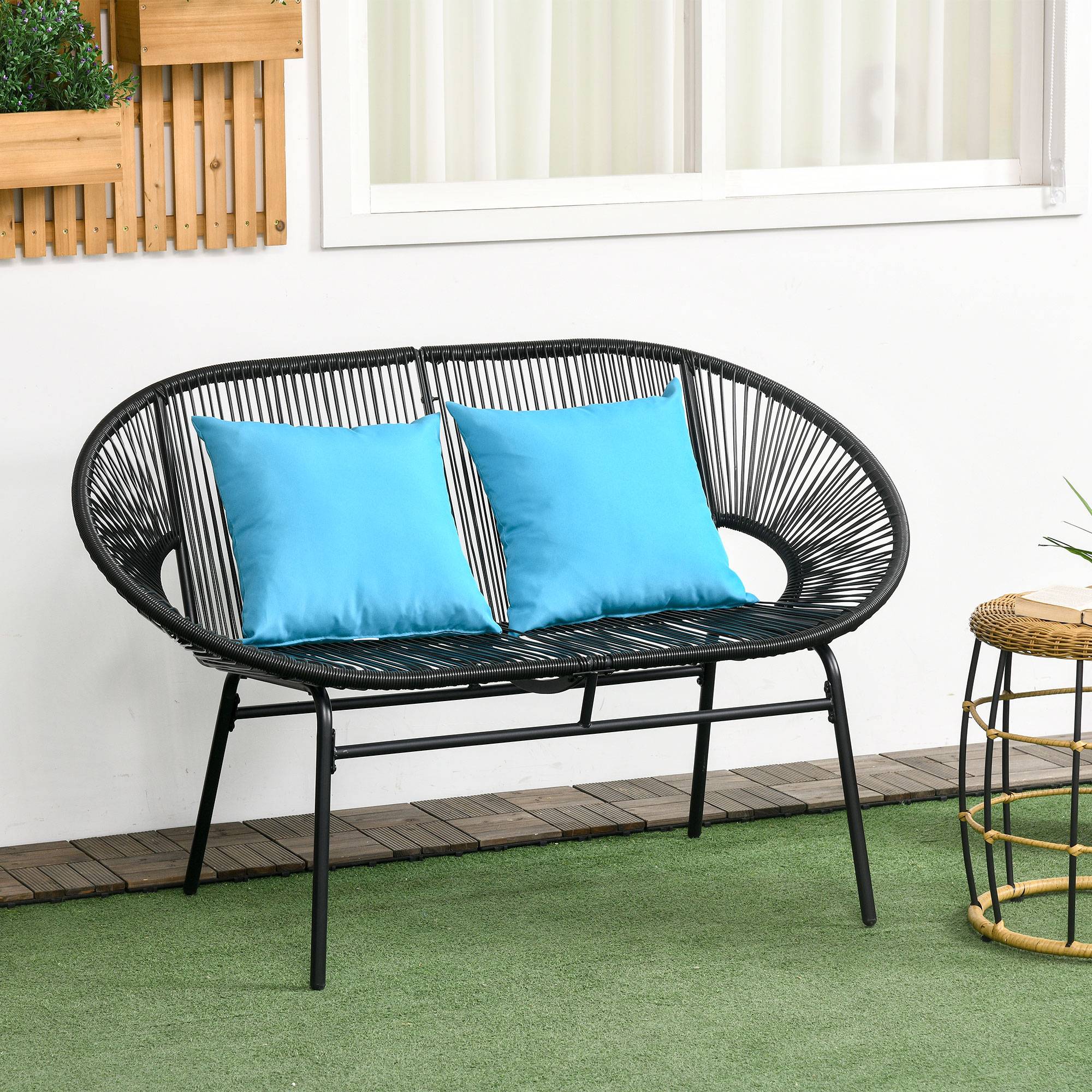 Sans Marque - Banquette banc de jardin 2 places en métal et cordage en résine avec 2 coussins - dim. 132L x 72l x 83H cm - noir - Image 4