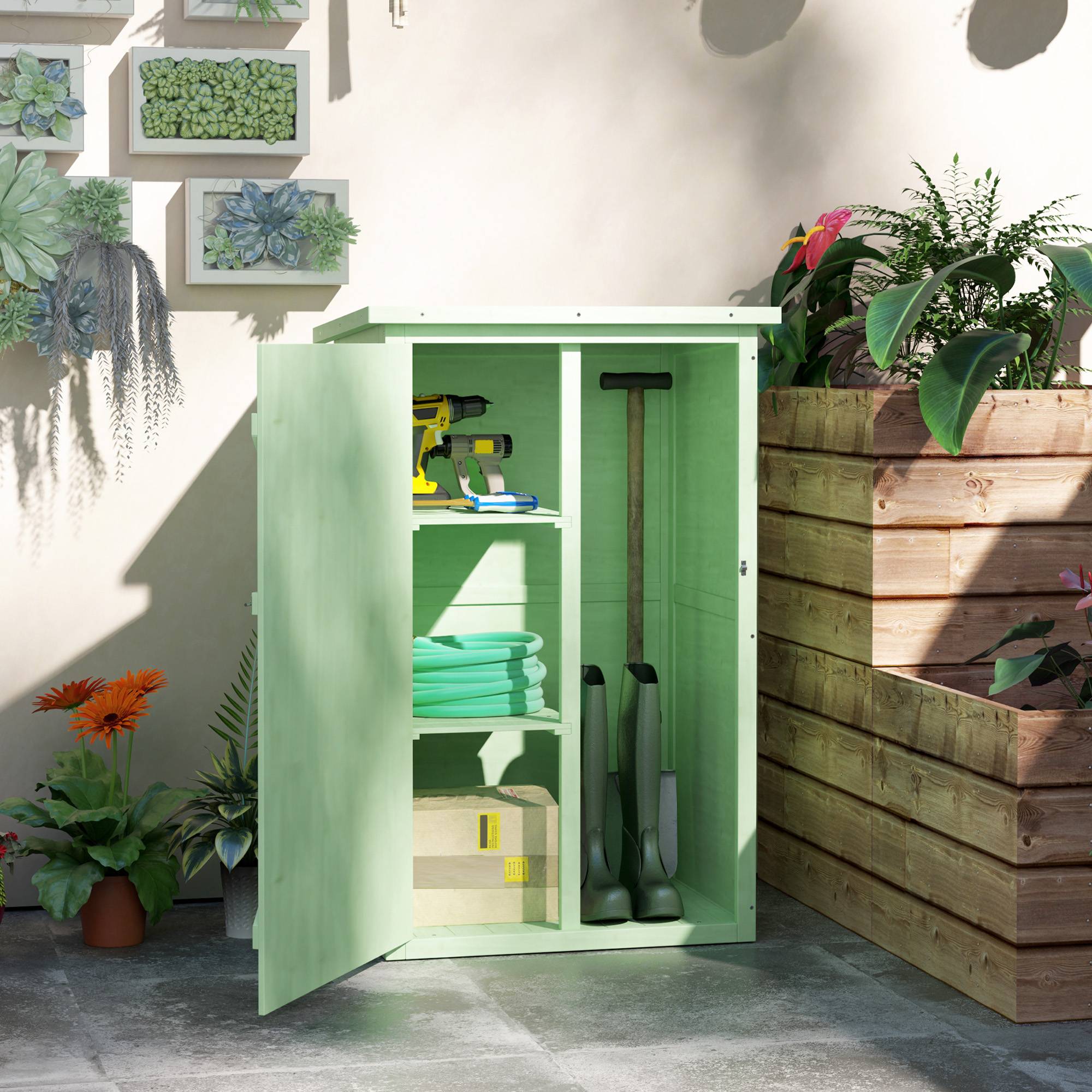ComfortXL - Armoire de jardin en bois de sapin vert 75 x 56 x 115 cm rangement compact avec étagères et porte verrouillable - Image 1