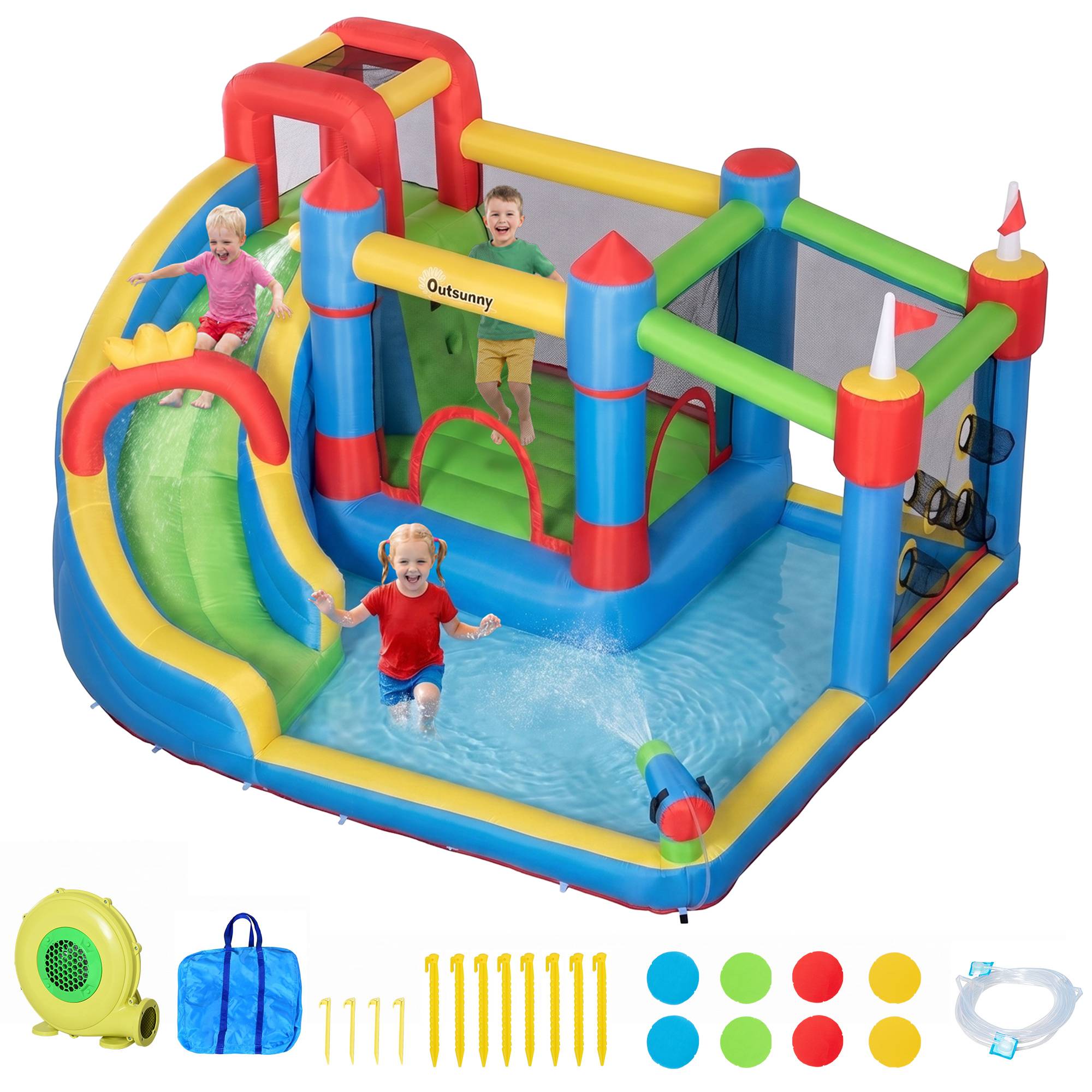 Château gonflable aire de jeux avec toboggan trampoline piscines + 3-8 ans 390 x 300 x 197 cm - multicolore