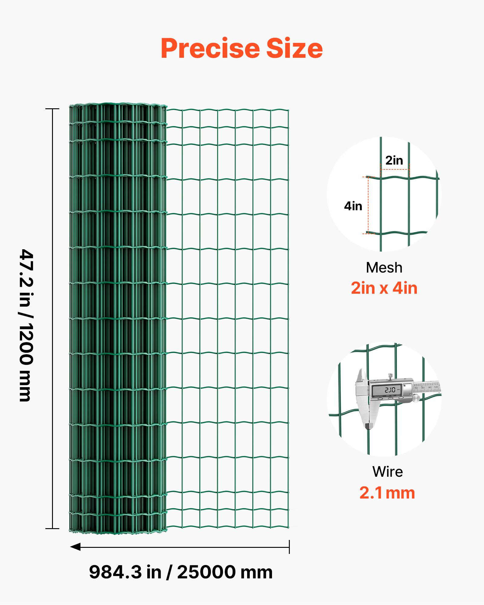 Vevor - VEVOR Grillage métallique vert 5 x 10 cm 1,2 x 25 m, fil 2,1 mm, galvanisé et revêtu PVC, rouleau pour enclos et clôtures - Image 3