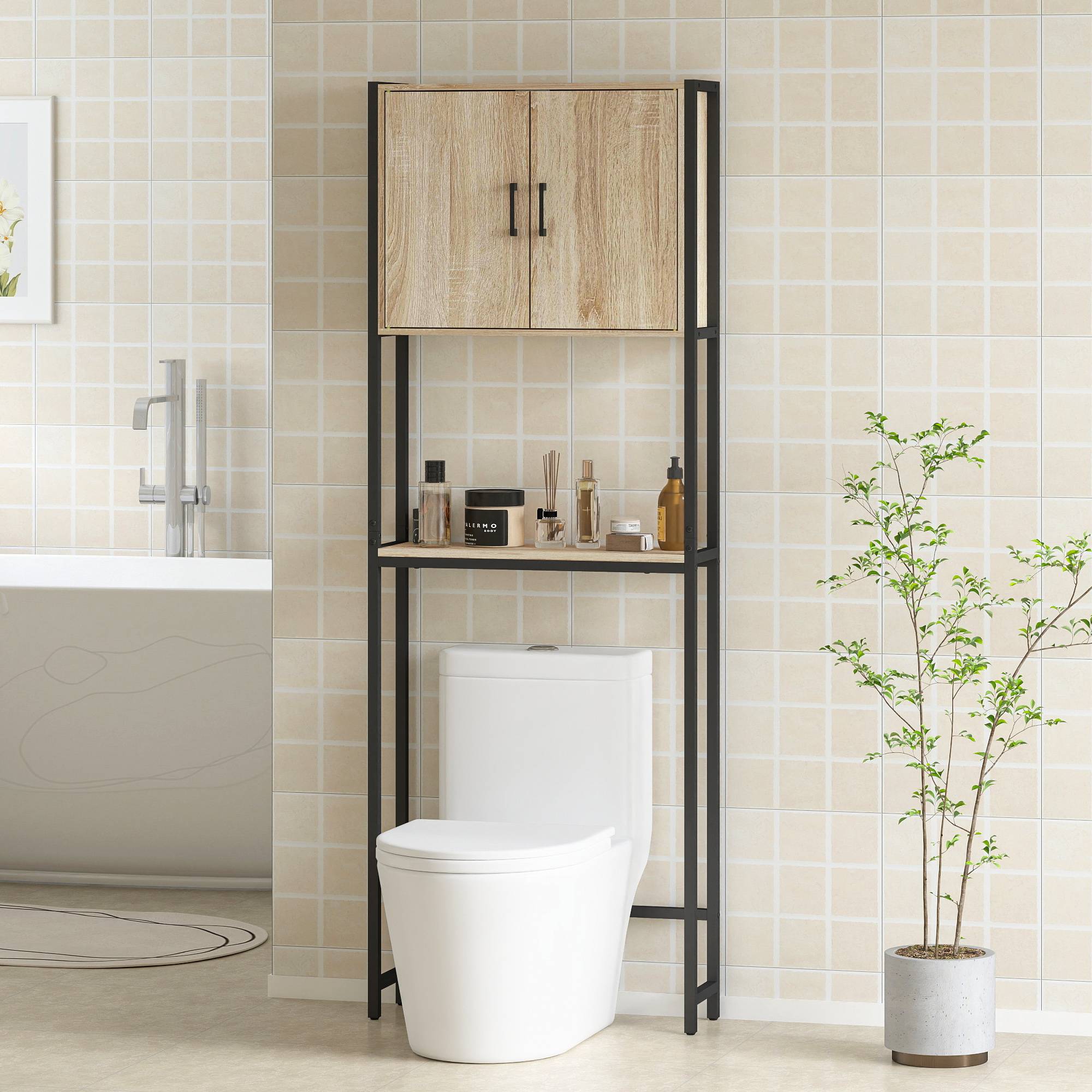 Sans Marque - Étagère toilettes meuble salle bain dessus toilette WC placard 2 portes étagère ouverte - Image 4