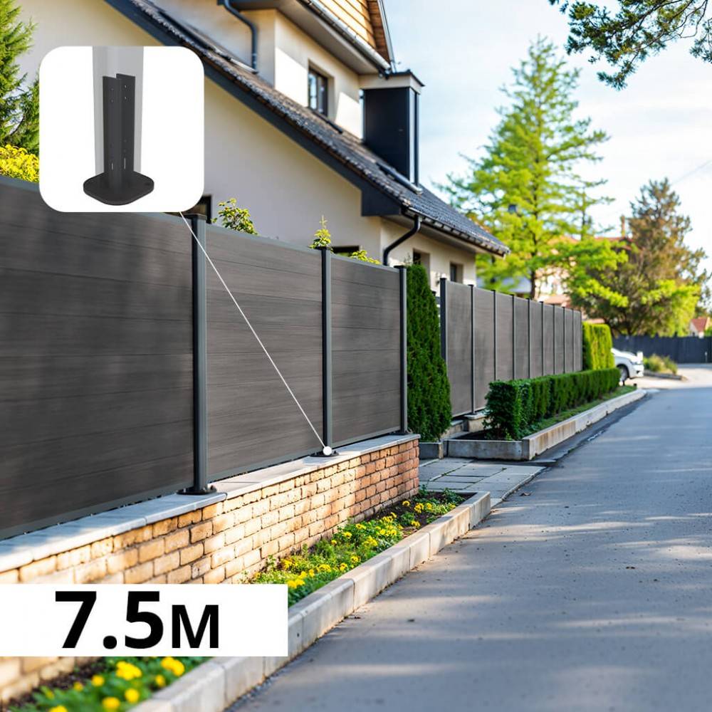 Kit Clôture Composite sur Muret CRUZ Ardoise 7,5x1,2m - Bois composite & Aluminium - Poteaux sur Platines Gris - Brise vue - Image 1
