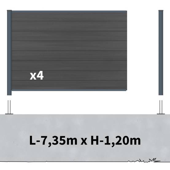 Kit Clôture Composite sur Muret CRUZ Ardoise 7,5x1,2m - Bois composite & Aluminium - Poteaux sur Platines Gris - Brise vue - Image 2