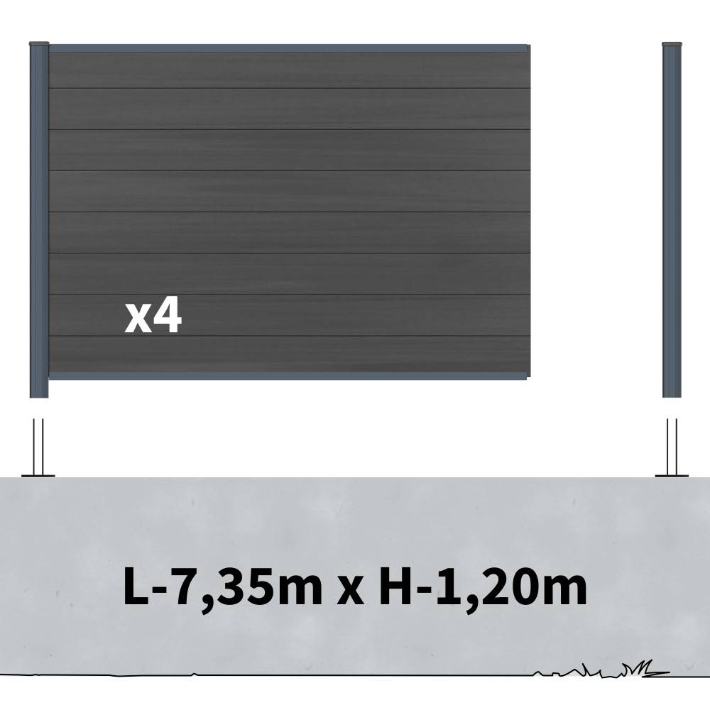 Kit Clôture Composite sur Muret CRUZ Ardoise 7,5x1,2m - Bois composite & Aluminium - Poteaux sur Platines Gris - Brise vue - Image 2