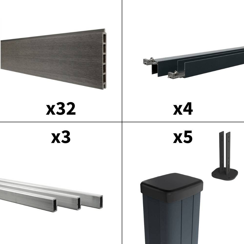 Kit Clôture Composite sur Muret CRUZ Ardoise 7,5x1,2m - Bois composite & Aluminium - Poteaux sur Platines Gris - Brise vue - Image 3