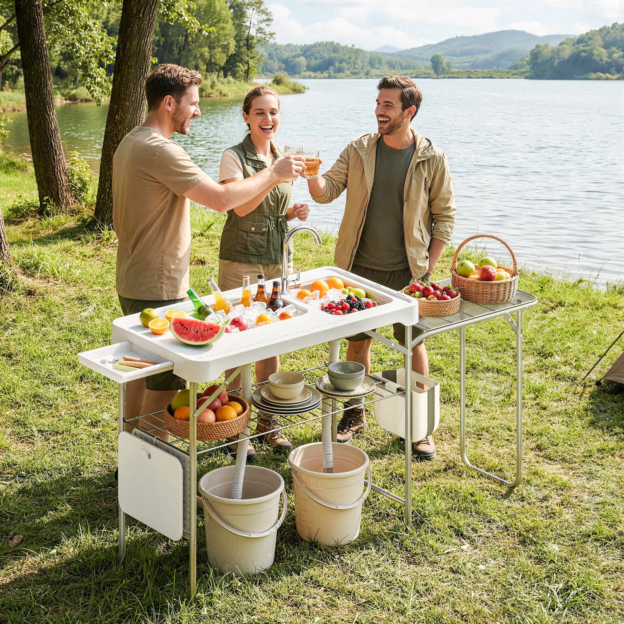 Table de nettoyage de poisson pliante et portable avec 2 éviers, robinet, tuyau, étagère latérale, panier et fentes, blanche - Image 3