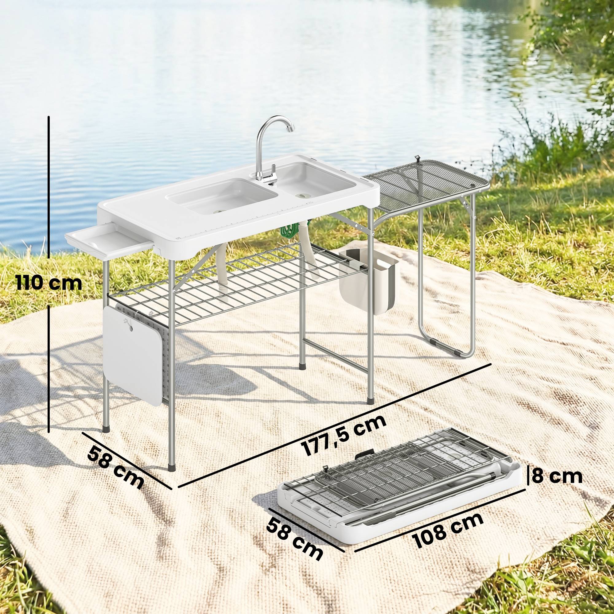 Table de nettoyage de poisson pliante et portable avec 2 éviers, robinet, tuyau, étagère latérale, panier et fentes, blanche - Image 5