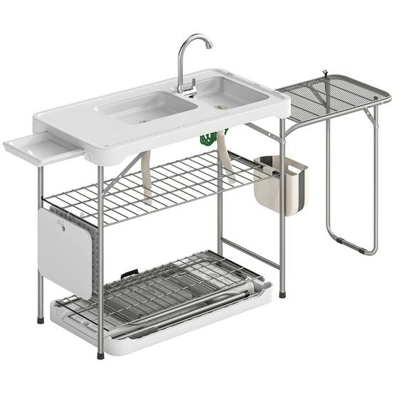 Table de nettoyage de poisson pliante et portable avec 2 éviers, robinet, tuyau, étagère latérale, panier et fentes, blanche - Image 1