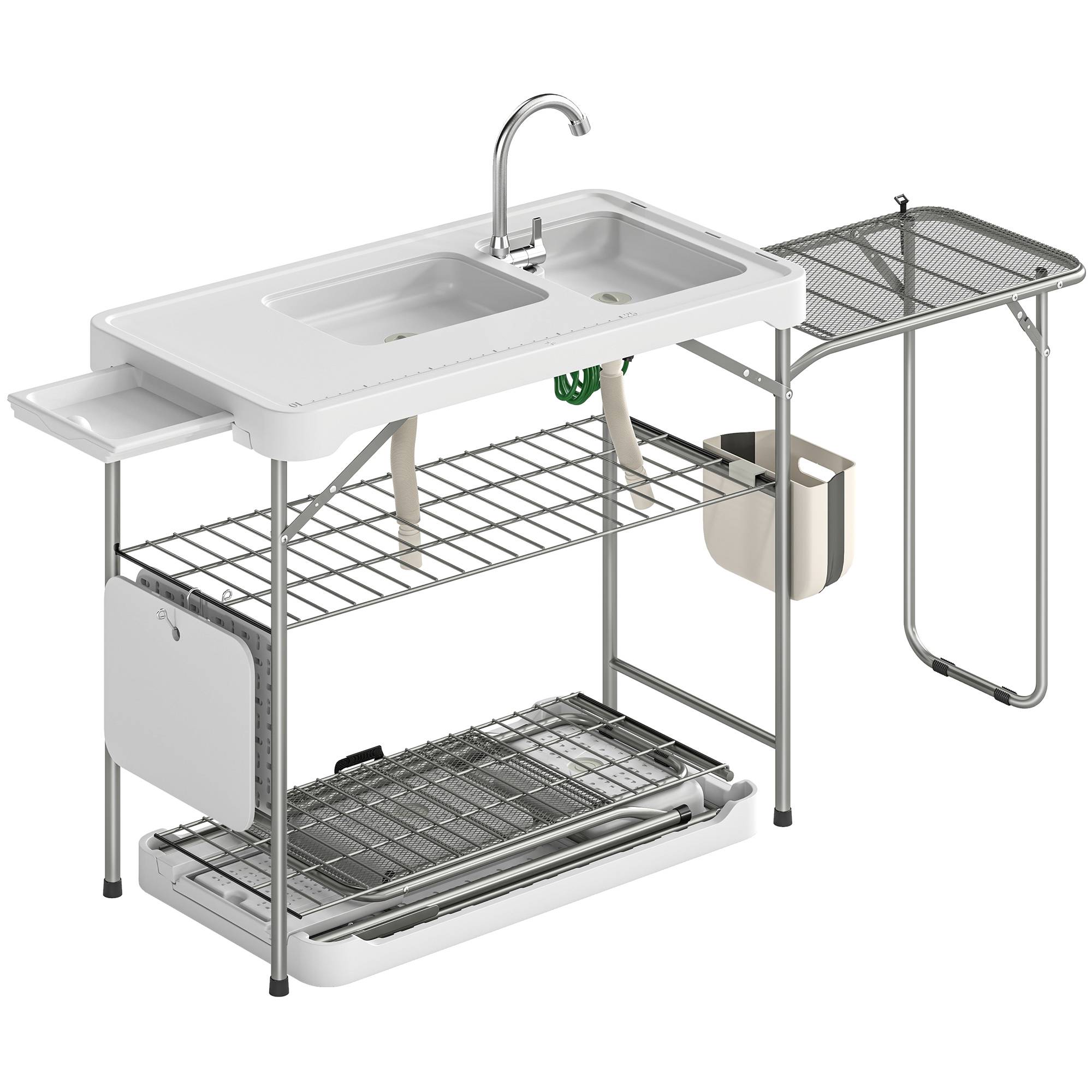 Table de nettoyage de poisson pliante et portable avec 2 éviers, robinet, tuyau, étagère latérale, panier et fentes, blanche - Image 1