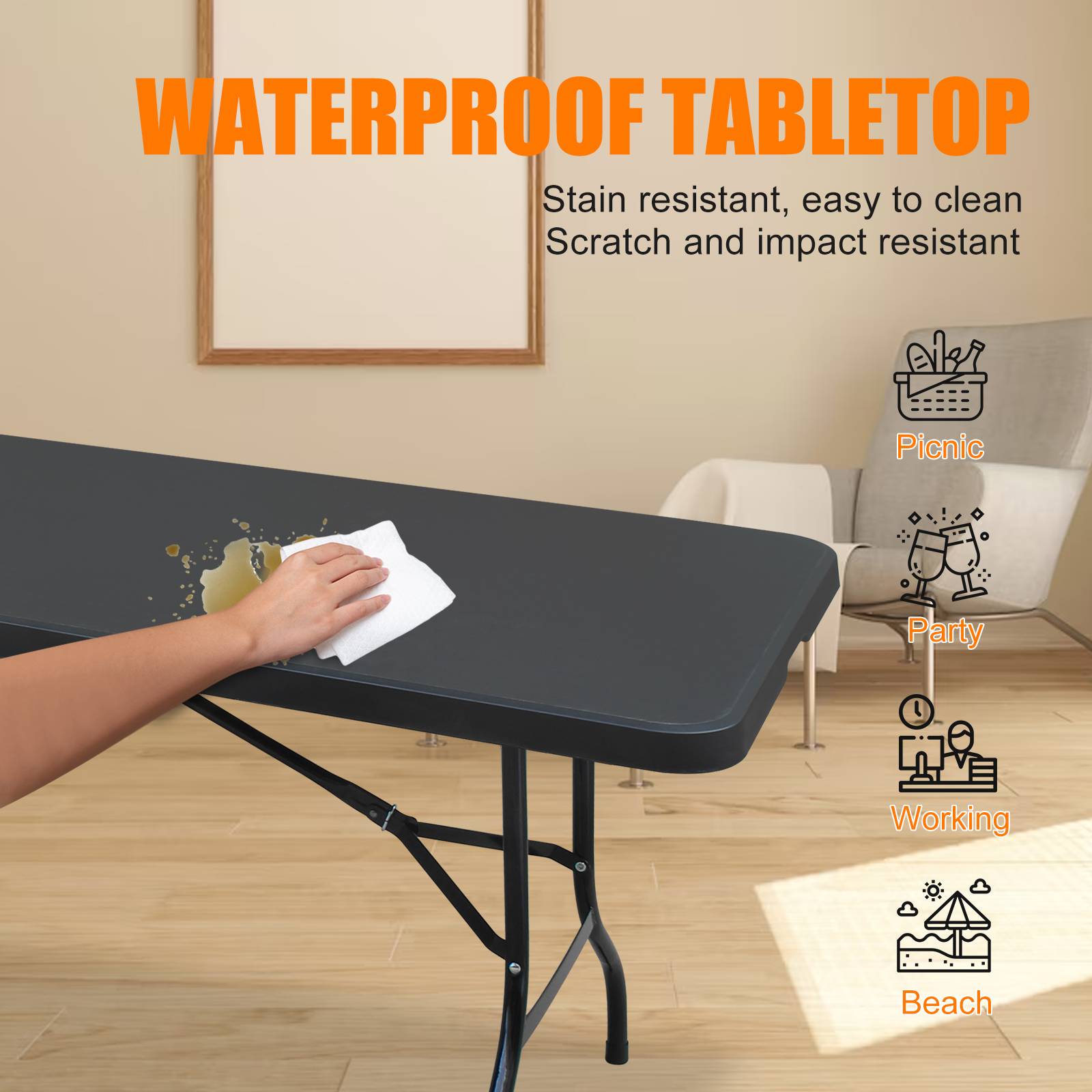 Table pliante 244cm portable avec poignée, adaptée fêtes camping, charge 135kg noire - Image 5