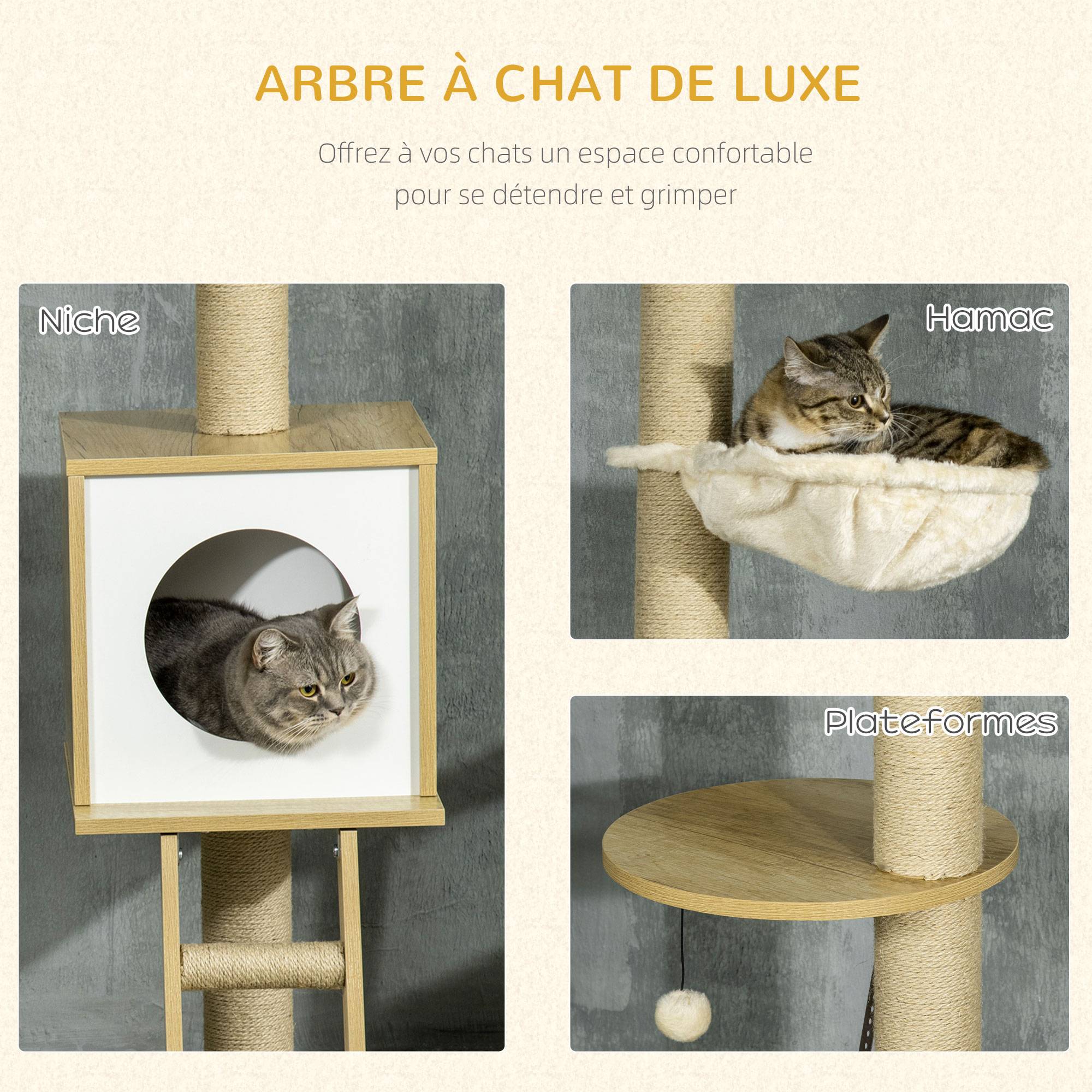 Pawhut - Arbres à chat 2 pièces style nordique - hauteur réglable 225-285H cm - multi-équipement - panneaux aspect chêne clair jute - Imagen 4