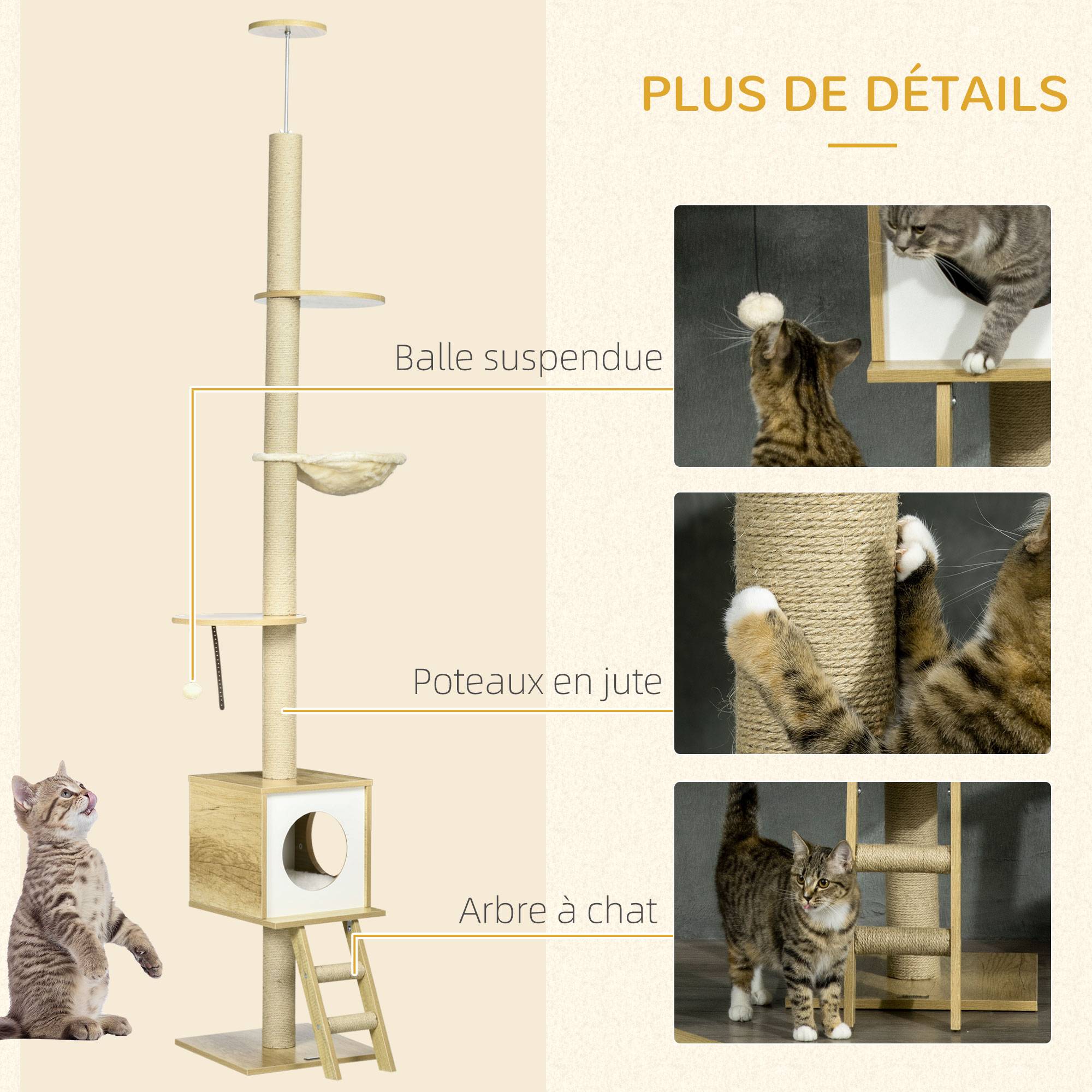 Pawhut - Arbres à chat 2 pièces style nordique - hauteur réglable 225-285H cm - multi-équipement - panneaux aspect chêne clair jute - Imagen 7