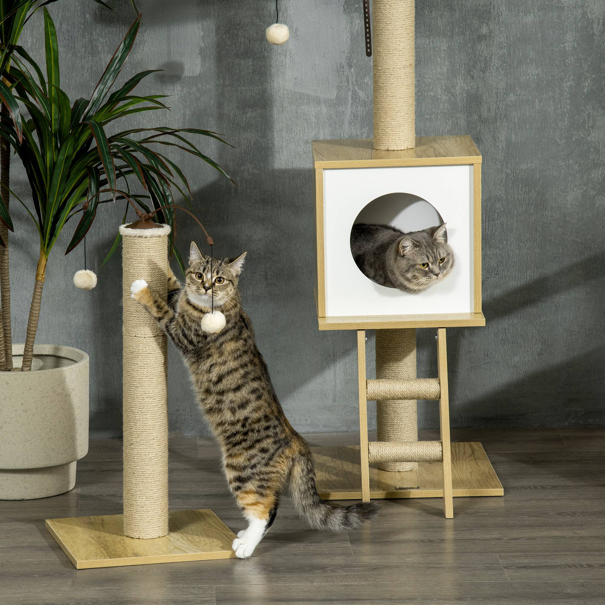 Pawhut - Arbres à chat 2 pièces style nordique - hauteur réglable 225-285H cm - multi-équipement - panneaux aspect chêne clair jute - Imagen 8