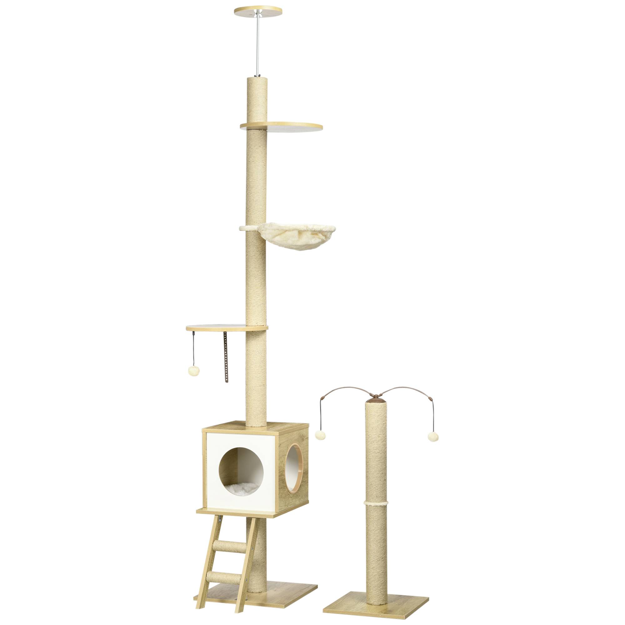 Pawhut - Arbres à chat 2 pièces style nordique - hauteur réglable 225-285H cm - multi-équipement - panneaux aspect chêne clair jute - Imagen 1