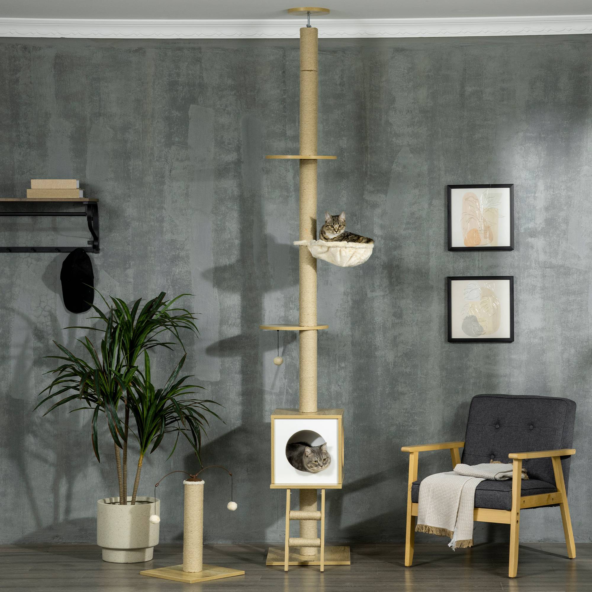 Pawhut - Arbres à chat 2 pièces style nordique - hauteur réglable 225-285H cm - multi-équipement - panneaux aspect chêne clair jute - Imagen 2