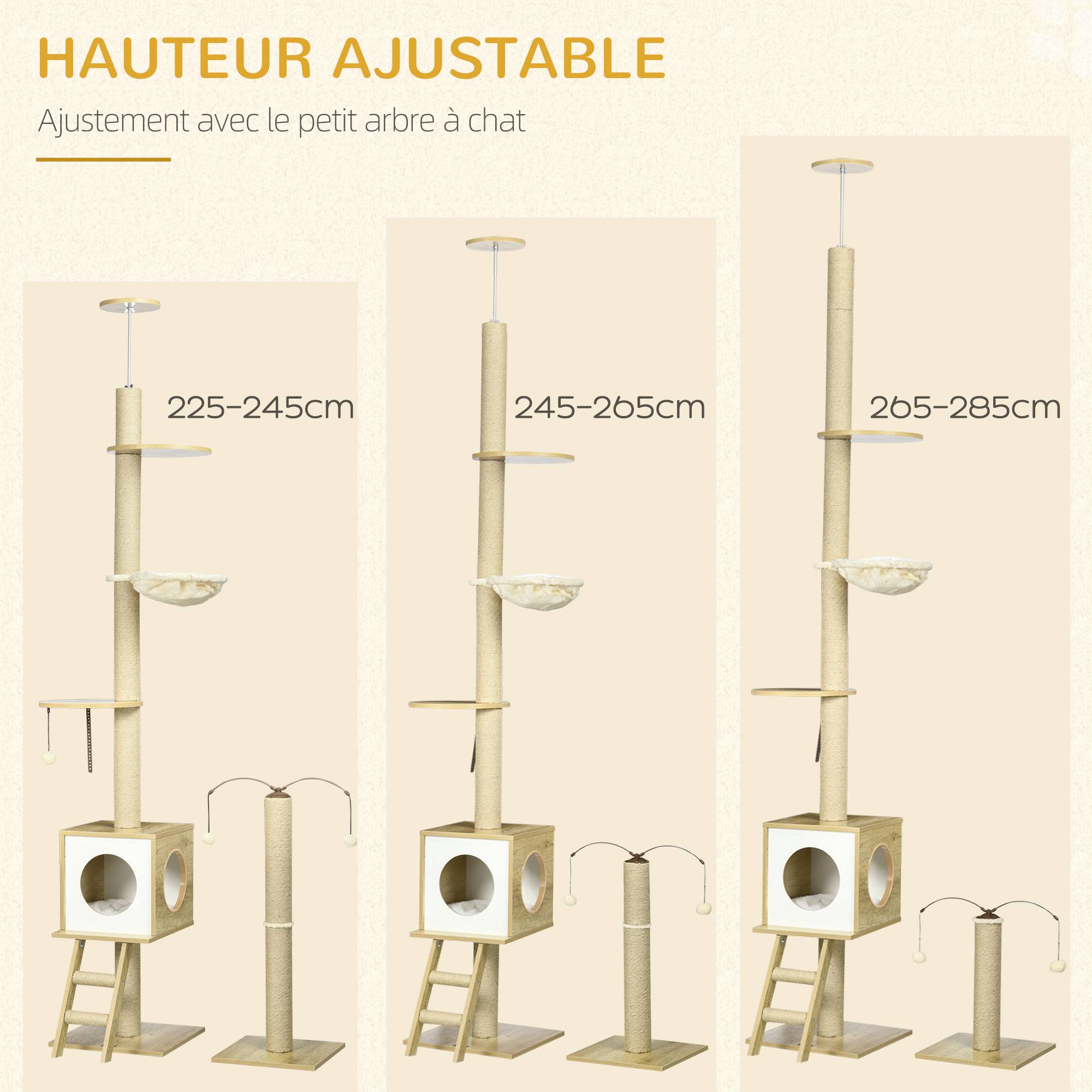 Pawhut - Arbres à chat 2 pièces style nordique - hauteur réglable 225-285H cm - multi-équipement - panneaux aspect chêne clair jute - Imagen 6