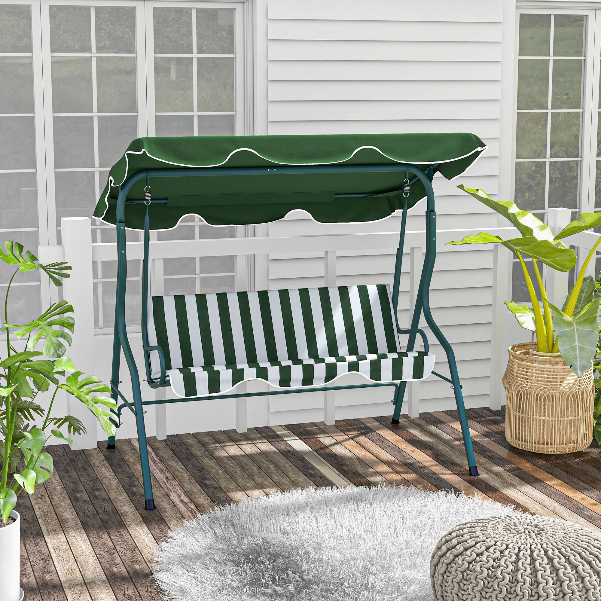 Outsunny - Balancelle de jardin 3 places coussins assise dossier vert blanc rayé - Outsunny - Imagen 2
