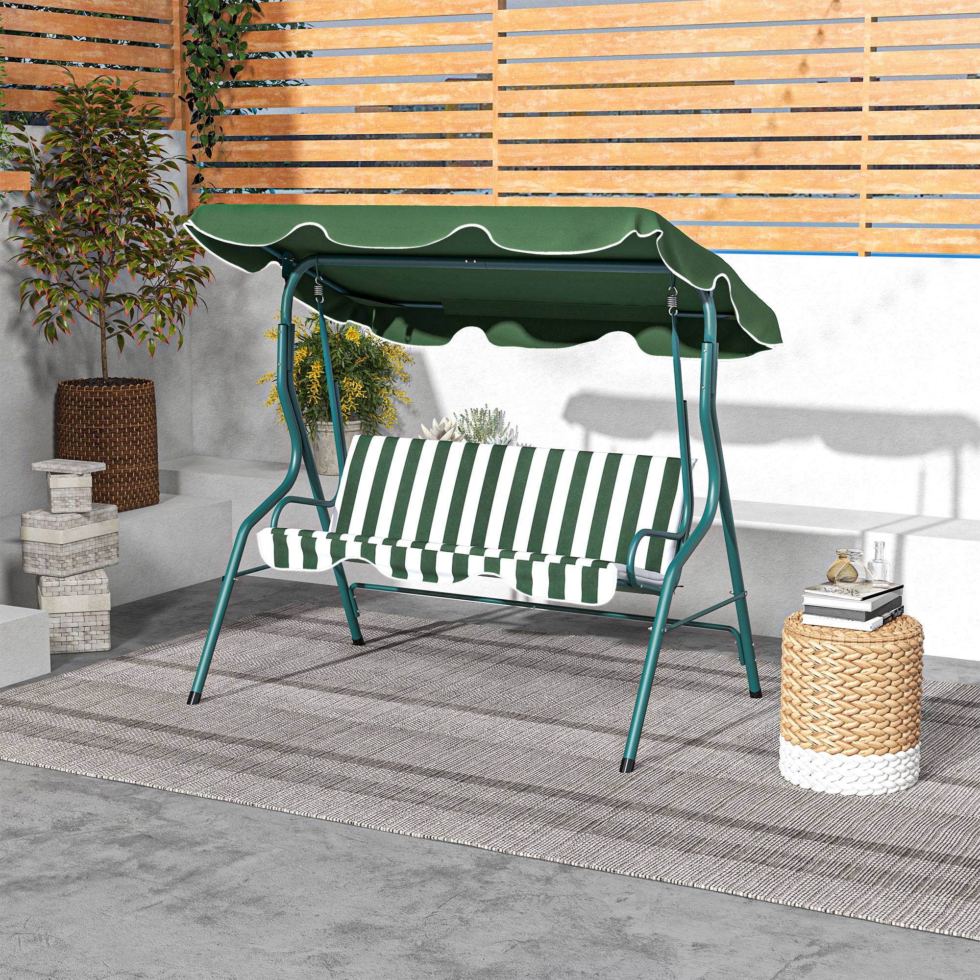 Outsunny - Balancelle de jardin 3 places coussins assise dossier vert blanc rayé - Outsunny - Imagen 4