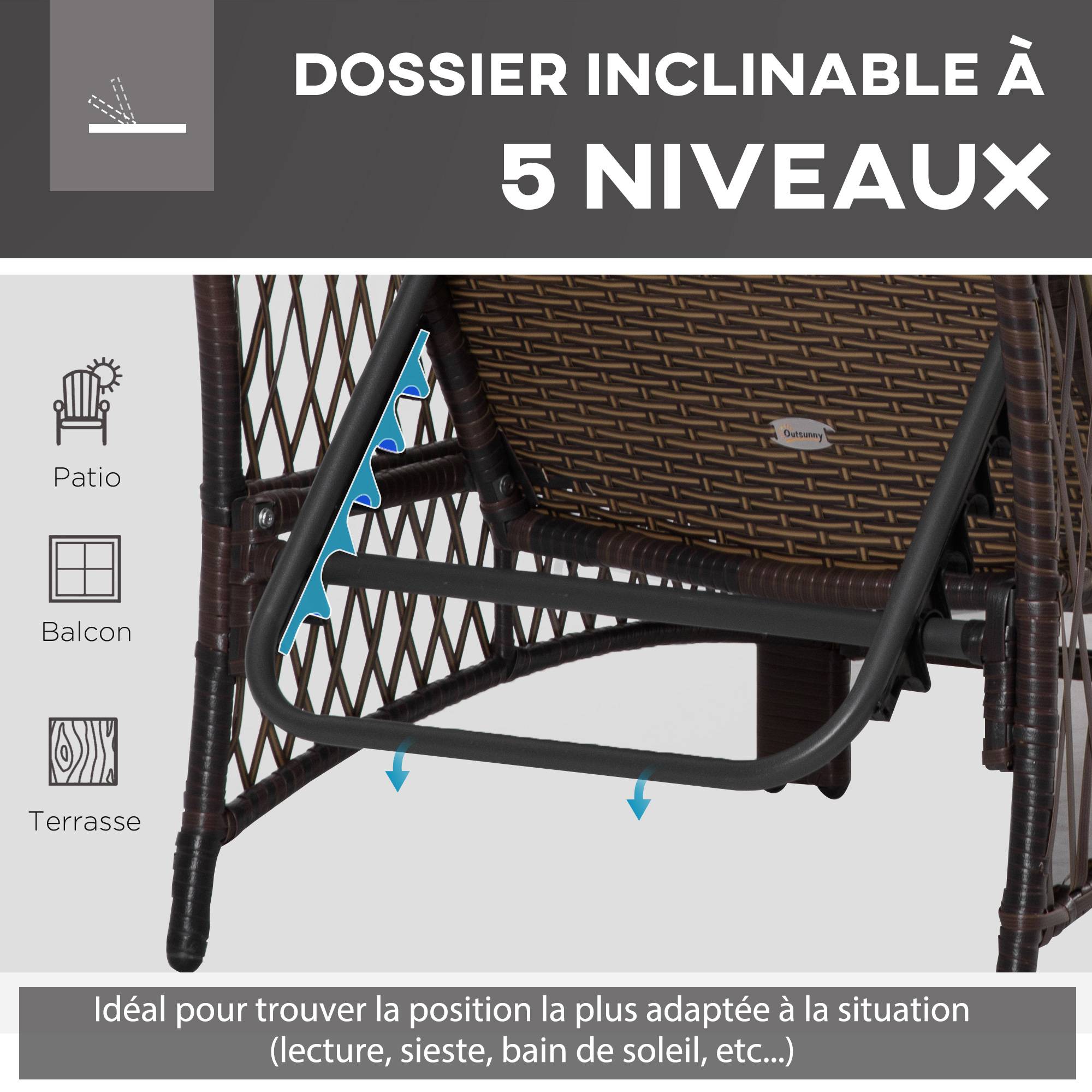 Outsunny - Bain de soleil transat design colonial avec table basse et matelas - dossier inclinable - résine tressée, polyester - marron crème - Outsunny - Imagen 5
