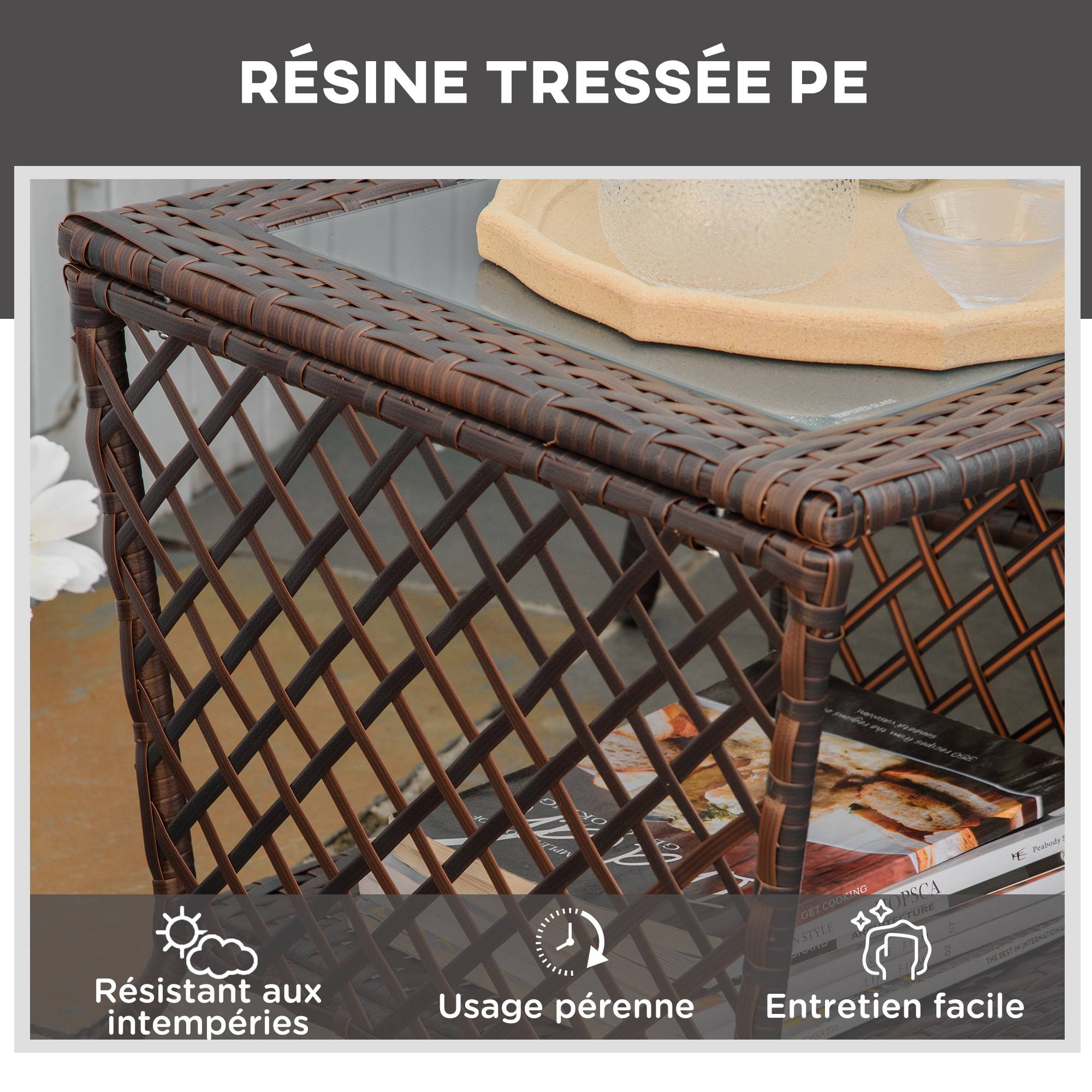 Outsunny - Bain de soleil transat design colonial avec table basse et matelas - dossier inclinable - résine tressée, polyester - marron crème - Outsunny - Imagen 4