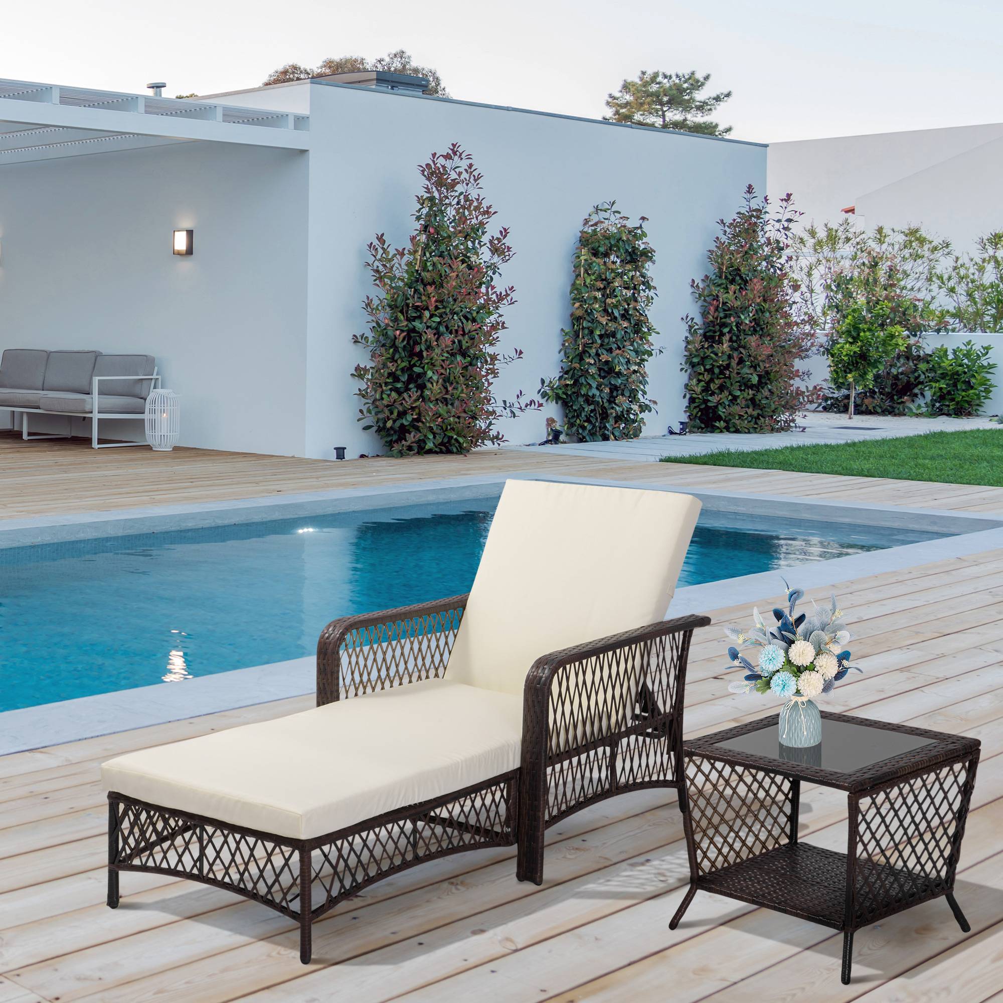 Outsunny - Bain de soleil transat design colonial avec table basse et matelas - dossier inclinable - résine tressée, polyester - marron crème - Outsunny - Imagen 2